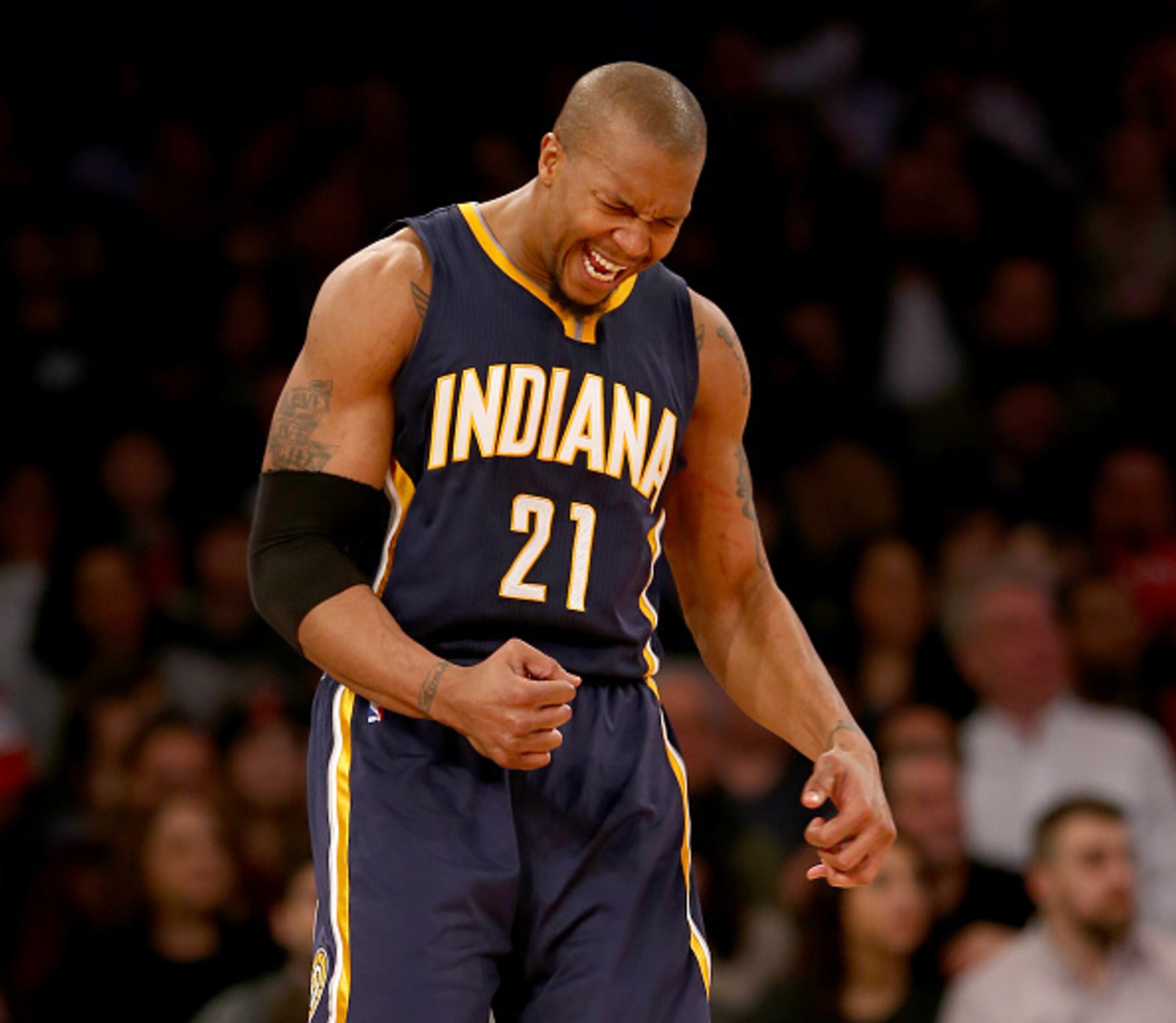 Indiana Pacers power forward David West celebrates his team's 92-86 win over the New York Knicks on March 7.