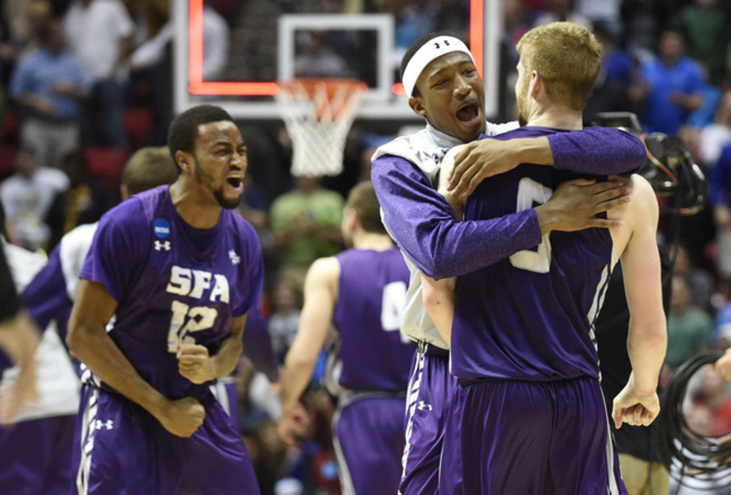 Stephen F. Austin celebrates after beating Virginia Commonwealth last year.