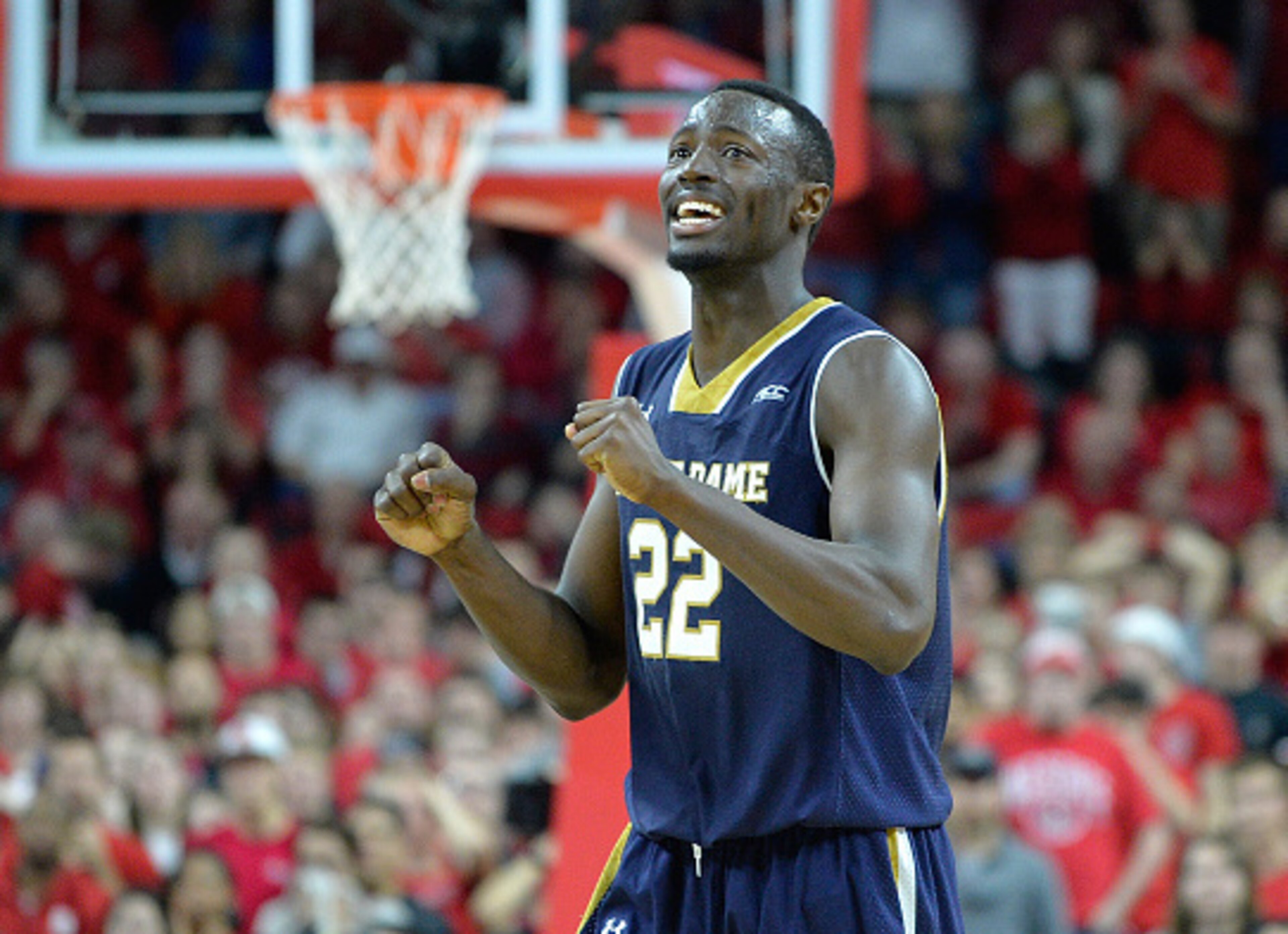 RALEIGH, NC - JANUARY 25:  Jerian Grant #22 of the Notre Dame Fighting Irish reacts during the final seconds of a win against the North Carolina State Wolfpack at PNC Arena on January 25, 2015 in Raleigh, North Carolina. Notre Dame won 81-78 in overtime. 