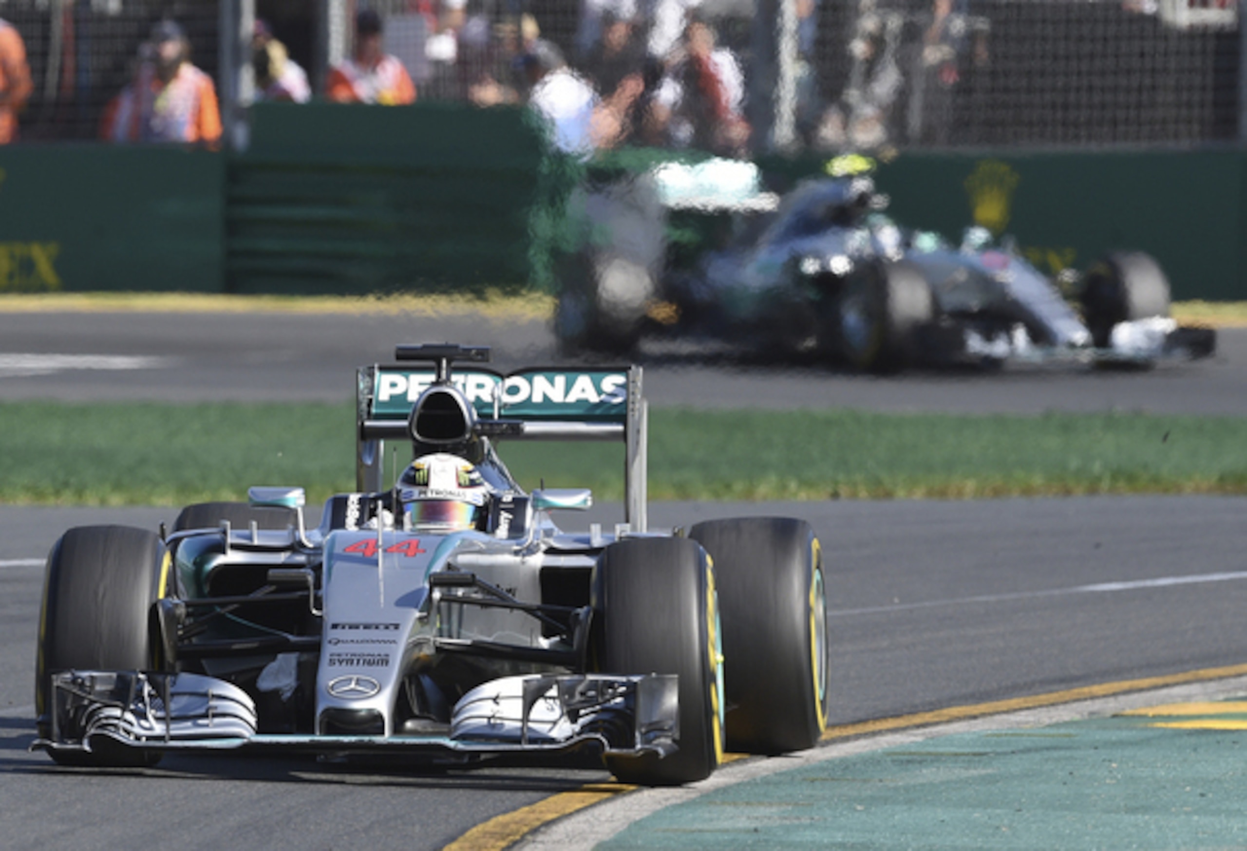 Lewis Hamilton leads Nico Rosberg at the Australian Grand Prix.