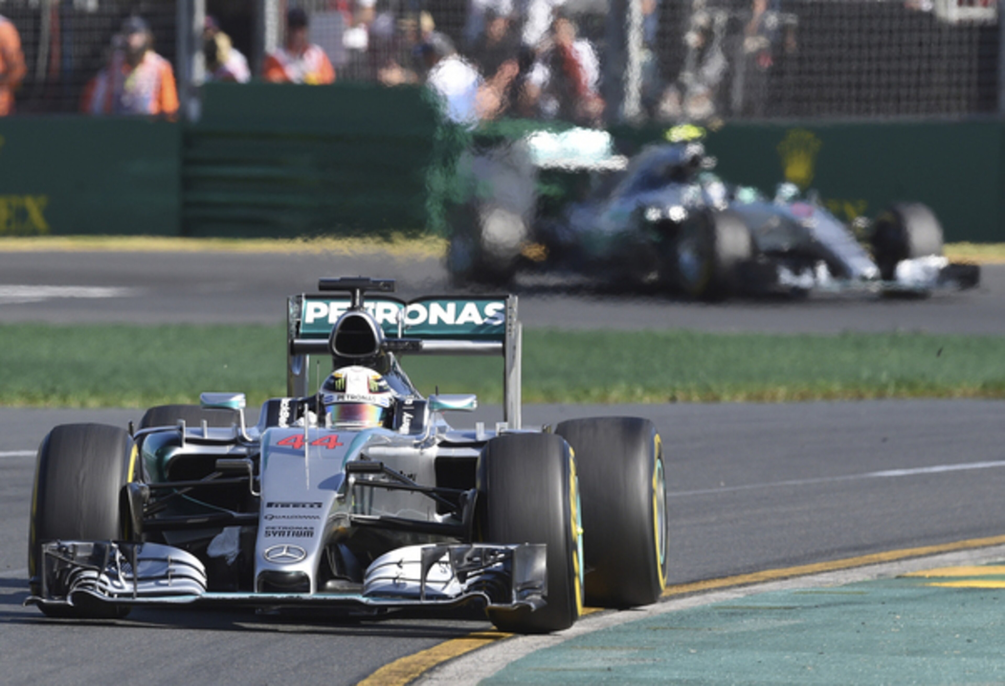 Lewis Hamilton leads Nico Rosberg at the Australian Grand Prix.