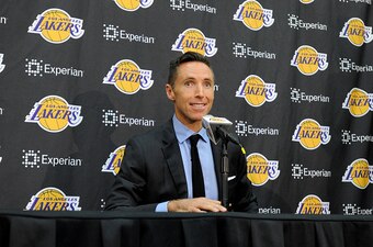 EL SEGUNDO, CA - MARCH 24: Steve Nash #10 of the Los Angeles Lakers speaks to the media during a press conference announcing his retirement from the NBA at Toyota Sports Center on March 24, 2015 in El Segundo, California. NOTE TO USER: User expressly ackn