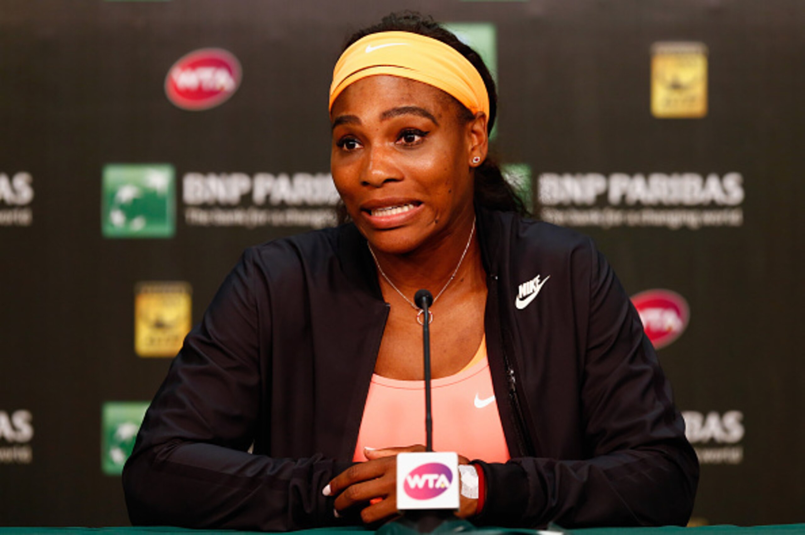 INDIAN WELLS, CA - MARCH 20:  Serena Williams of USA talks to the media after announcing her retirement with an injury before her semi final match against Simona Halep of Romania during day twelve of the BNP Paribas Open tennis at the Indian Wells Tennis 