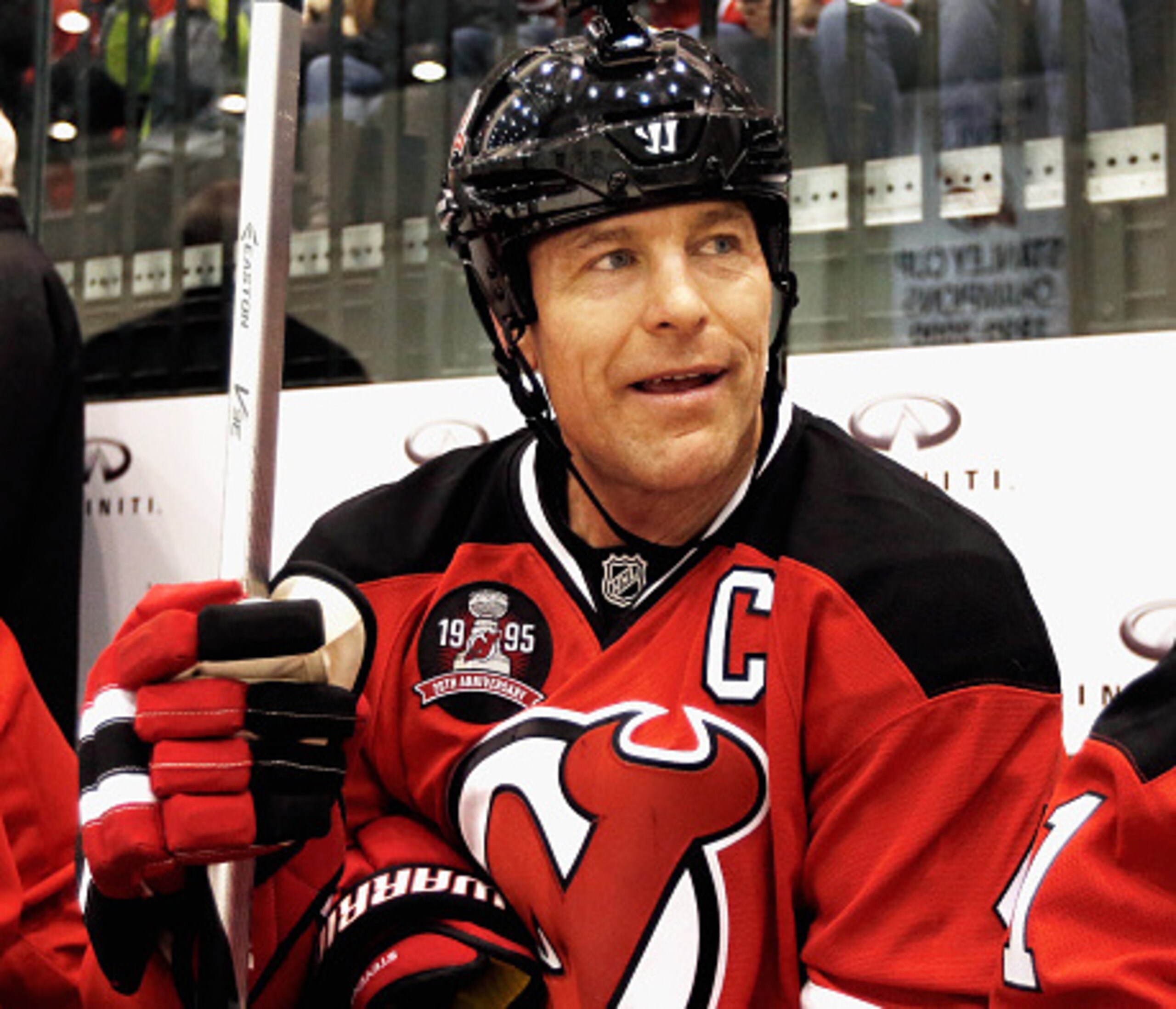 Scott Stevens sits on the bench during the 1995 Stanley Cup Red-White Alumni Game on March 7, 2015.