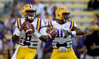 LSU QBs Brandon Harris (left) and Anthony Jennings (right)