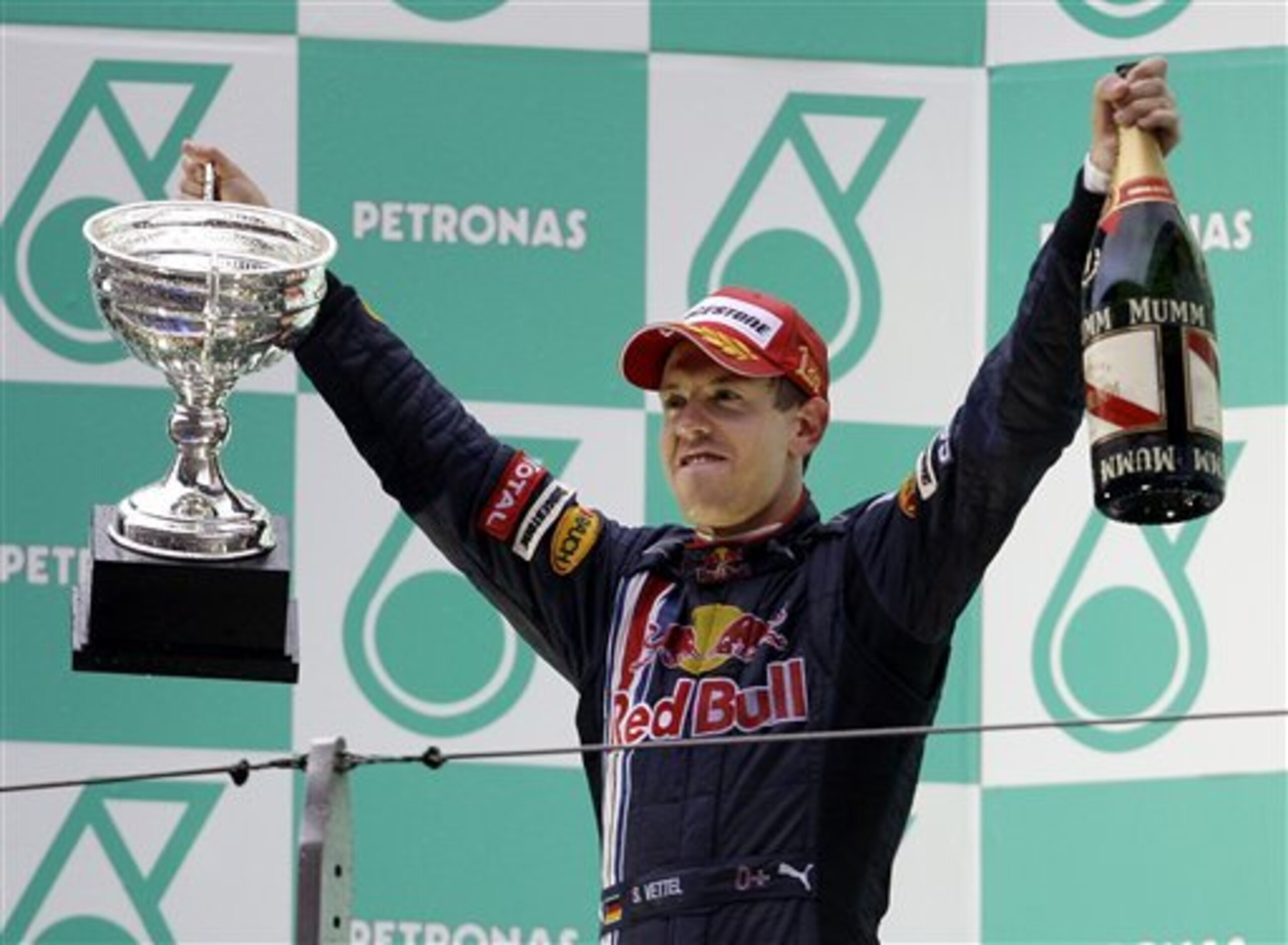 Sebastian Vettel celebrates his victory at the 2009 Chinese Grand Prix.