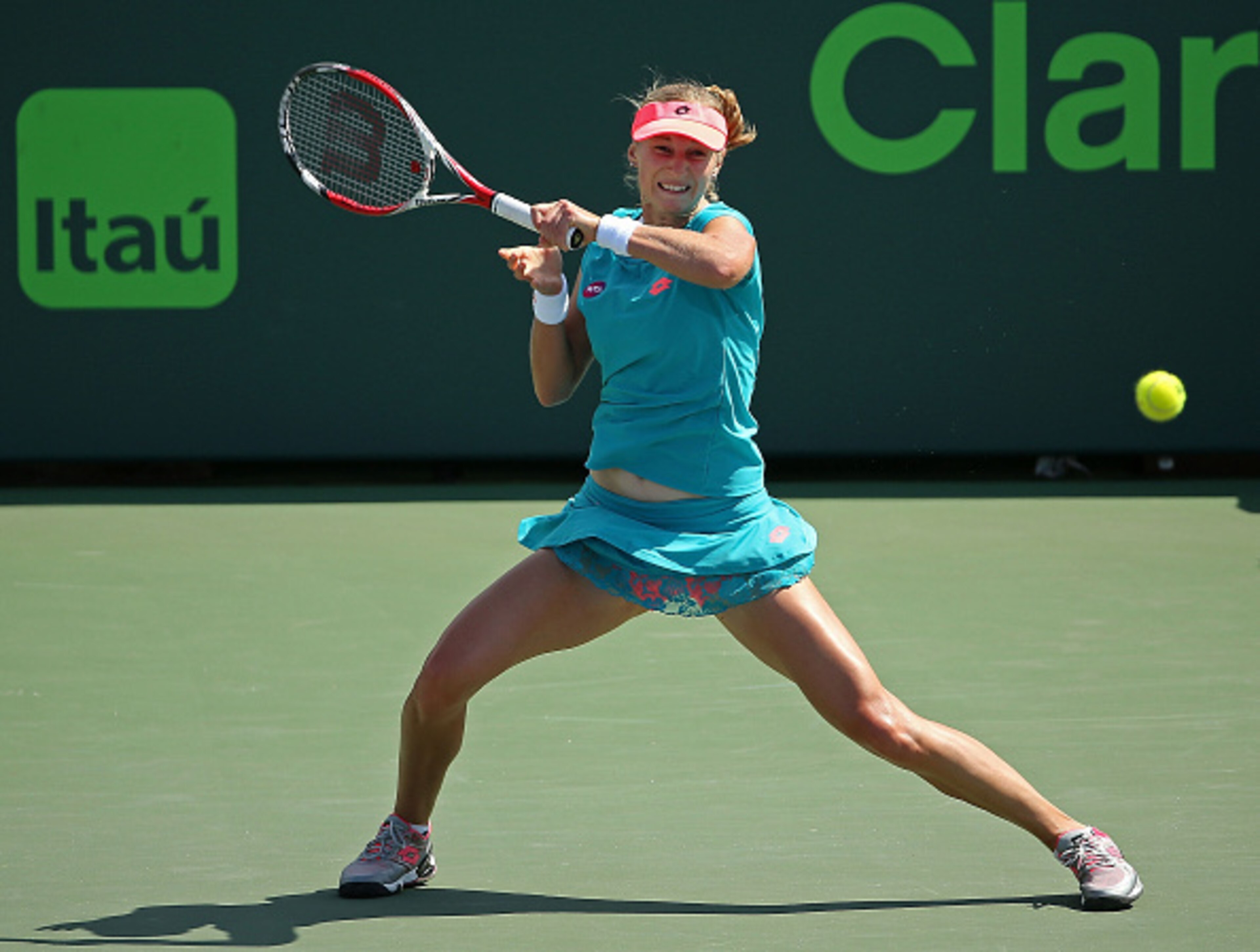 Ekatarina Makarova hits a forehand during a match at the 2015 Miami Open.