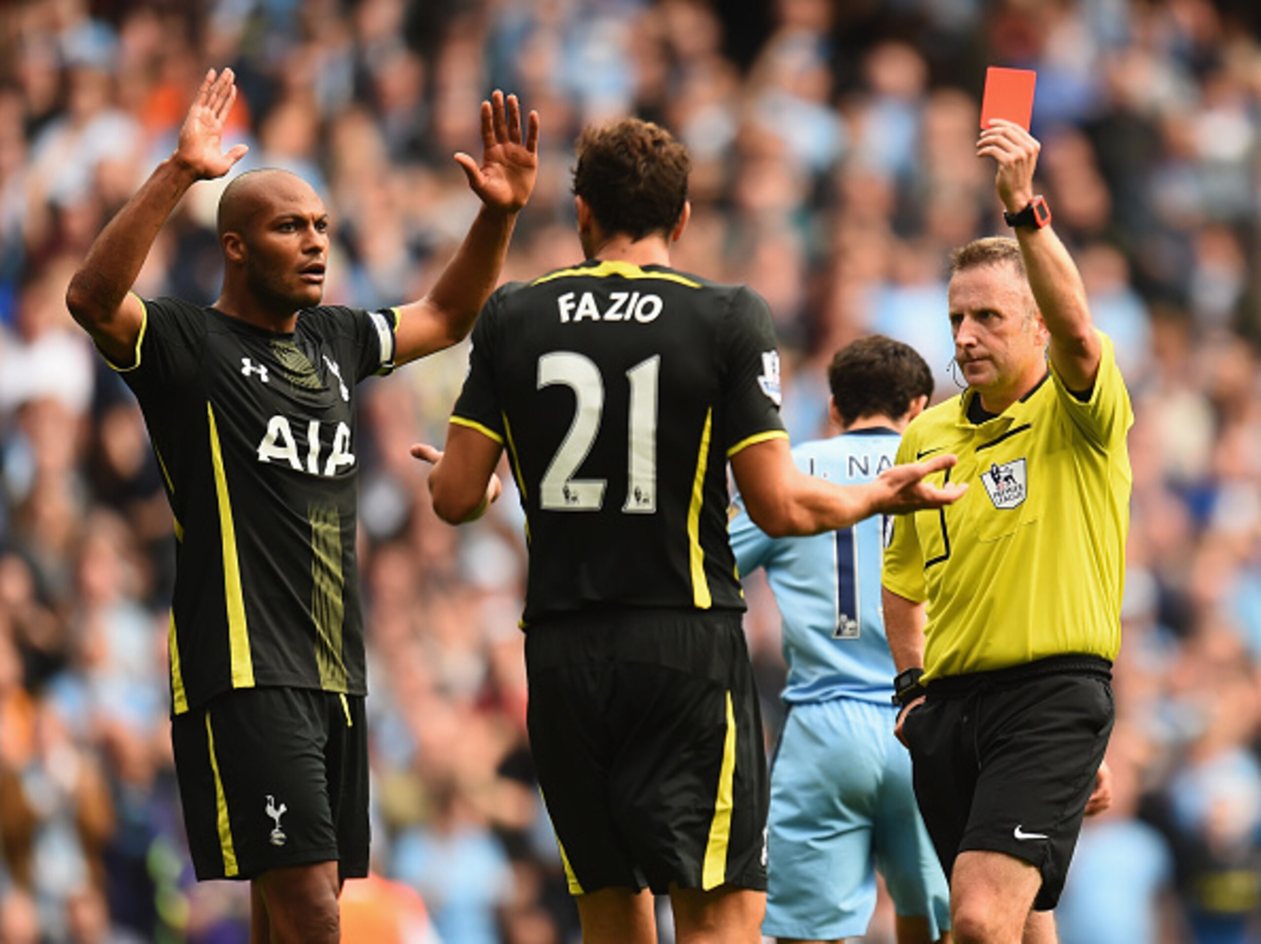 Federico Fazio was sent off in his first Premier League start against Manchester City.