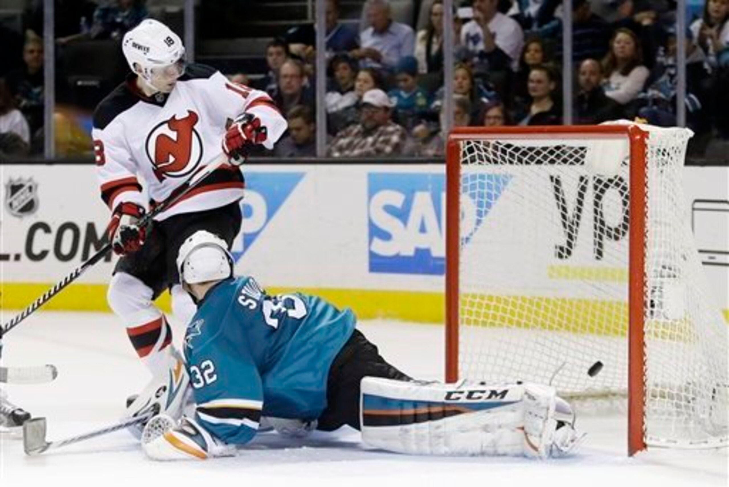 Steve Bernier scores against the San Jose Sharks during the team's trip to California in January, one of this year's few bright spots.