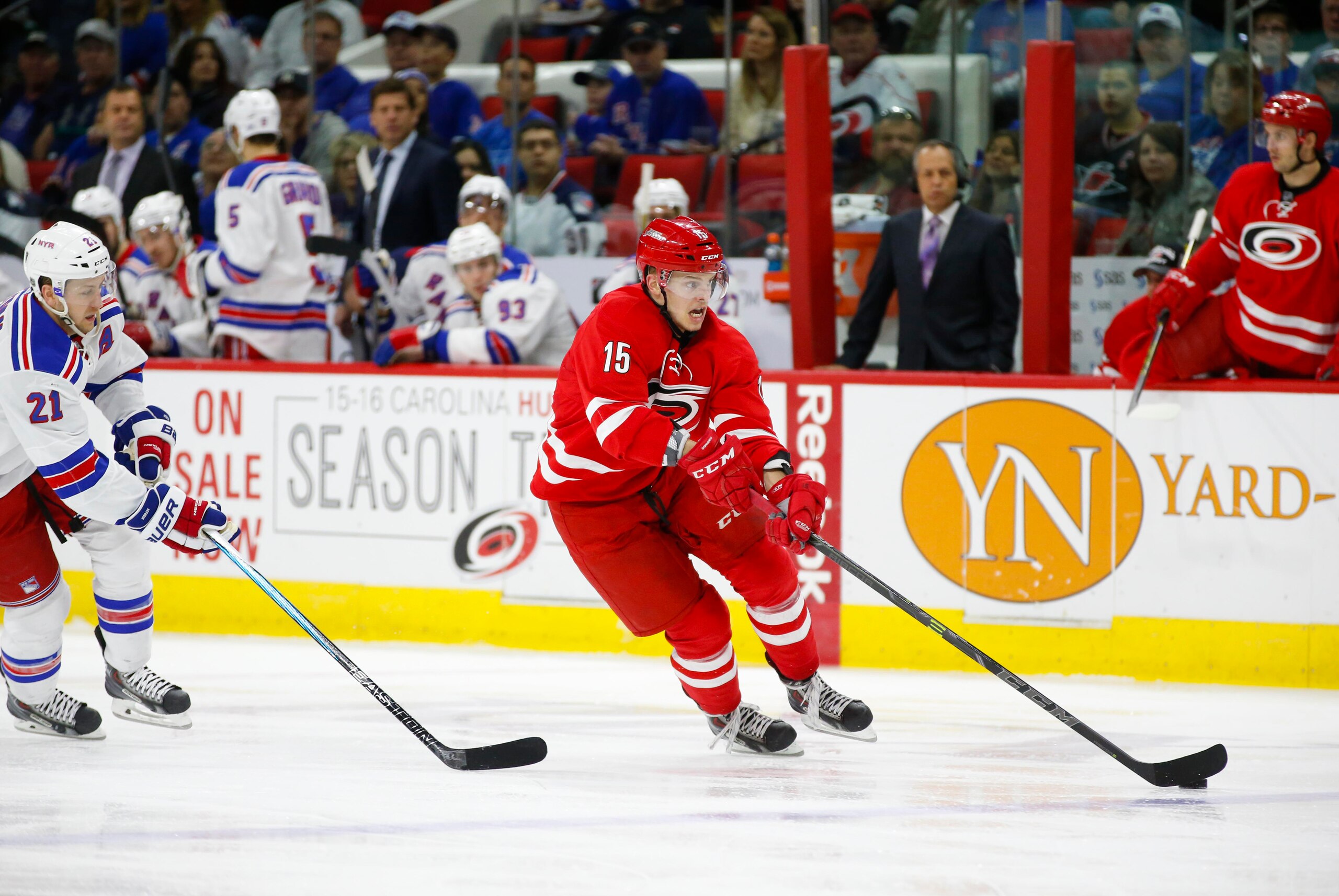 Andrej Nestrasil skates with the puck during a Hurricanes-Rangers game this season. Nestrasil is one of few 'Canes players facing an expiring contract this summer.