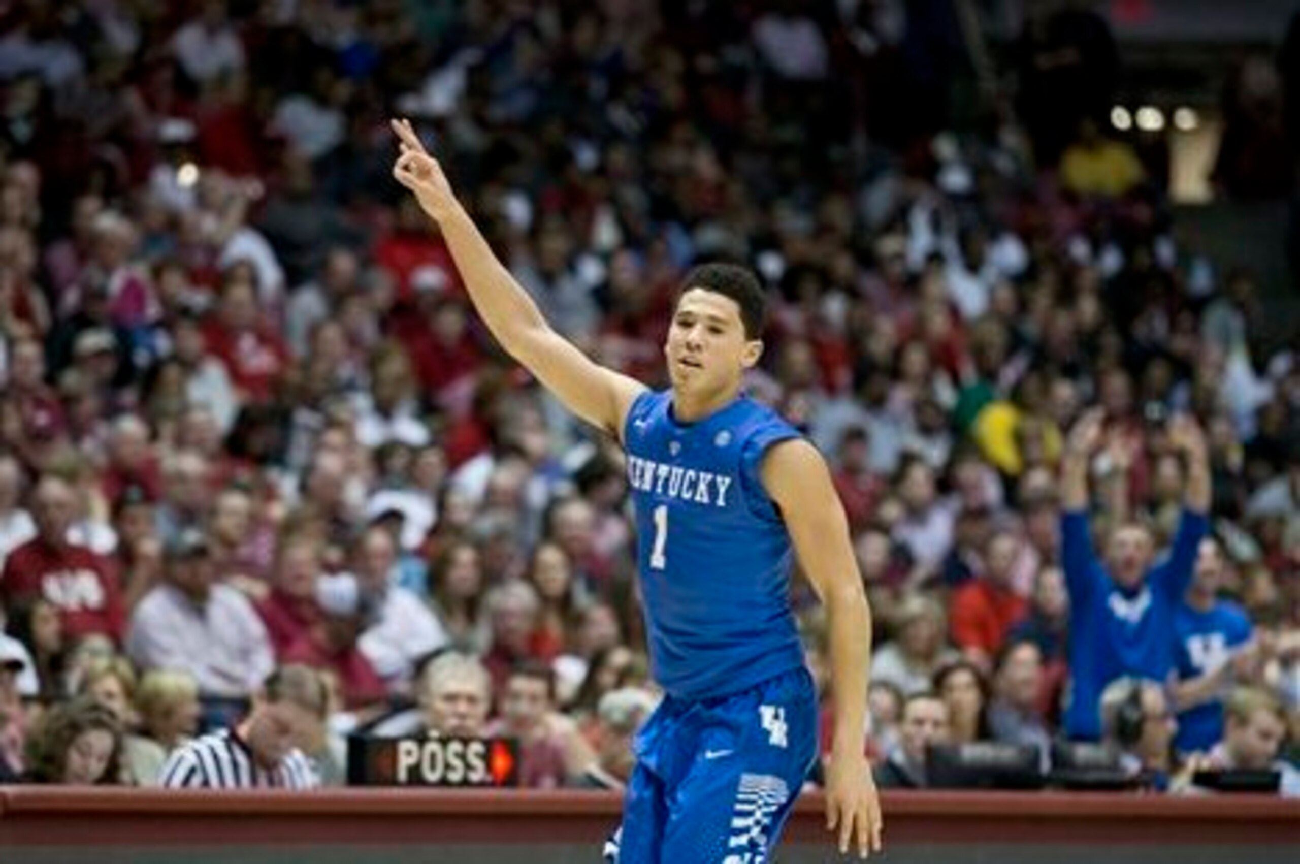 Kentucky guard Devin Booker (1) celebrates after scoring during the second half of an NCAA college basketball game against Alabama, Saturday, Jan. 17, 2015, in Tuscaloosa, Ala. Kentucky won 70-48. (AP Photo/Brynn Anderson) Kentucky guard Devin Booker (1) celebrates after scoring during the second half of an NCAA college basketball game against Alabama, Saturday, Jan. 17, 2015, in Tuscaloosa, Ala. Kentucky won 70-48. (AP Photo/Brynn Anderson)