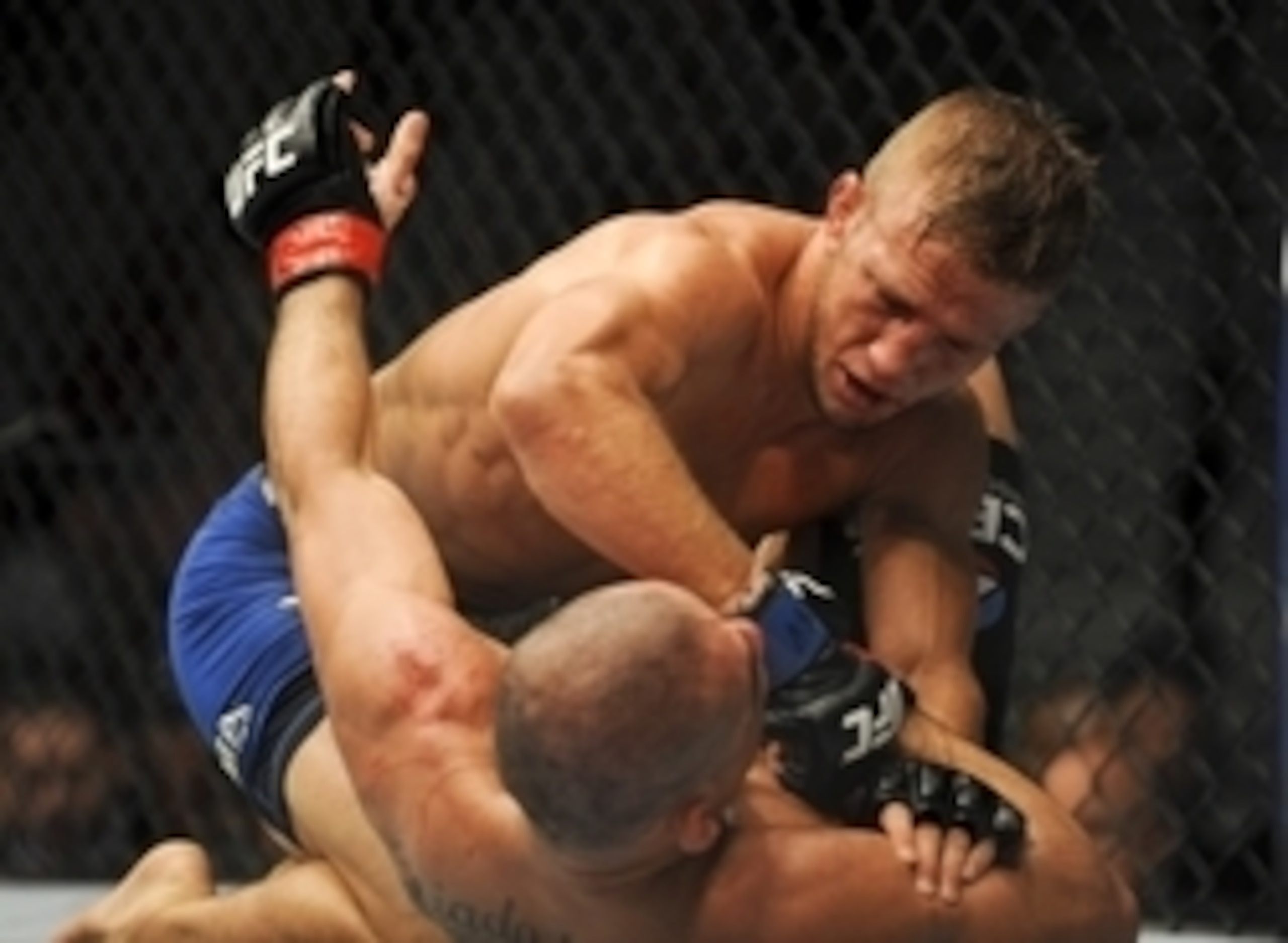 May 24, 2014; Las Vegas, NV, USA; TJ Dillashaw (blue) pins down Renan Barao (red) during their UFC 173 bantamweight championship bout at MGM Grand Garden Arena. Dillashaw won the bout by way of TKO. Mandatory Credit: Stephen R. Sylvanie-USA TODAY Sports May 24, 2014; Las Vegas, NV, USA; TJ Dillashaw (blue) pins down Renan Barao (red) during their UFC 173 bantamweight championship bout at MGM Grand Garden Arena. Dillashaw won the bout by way of TKO. Mandatory Credit: Stephen R. Sylvanie-USA TODAY Sports