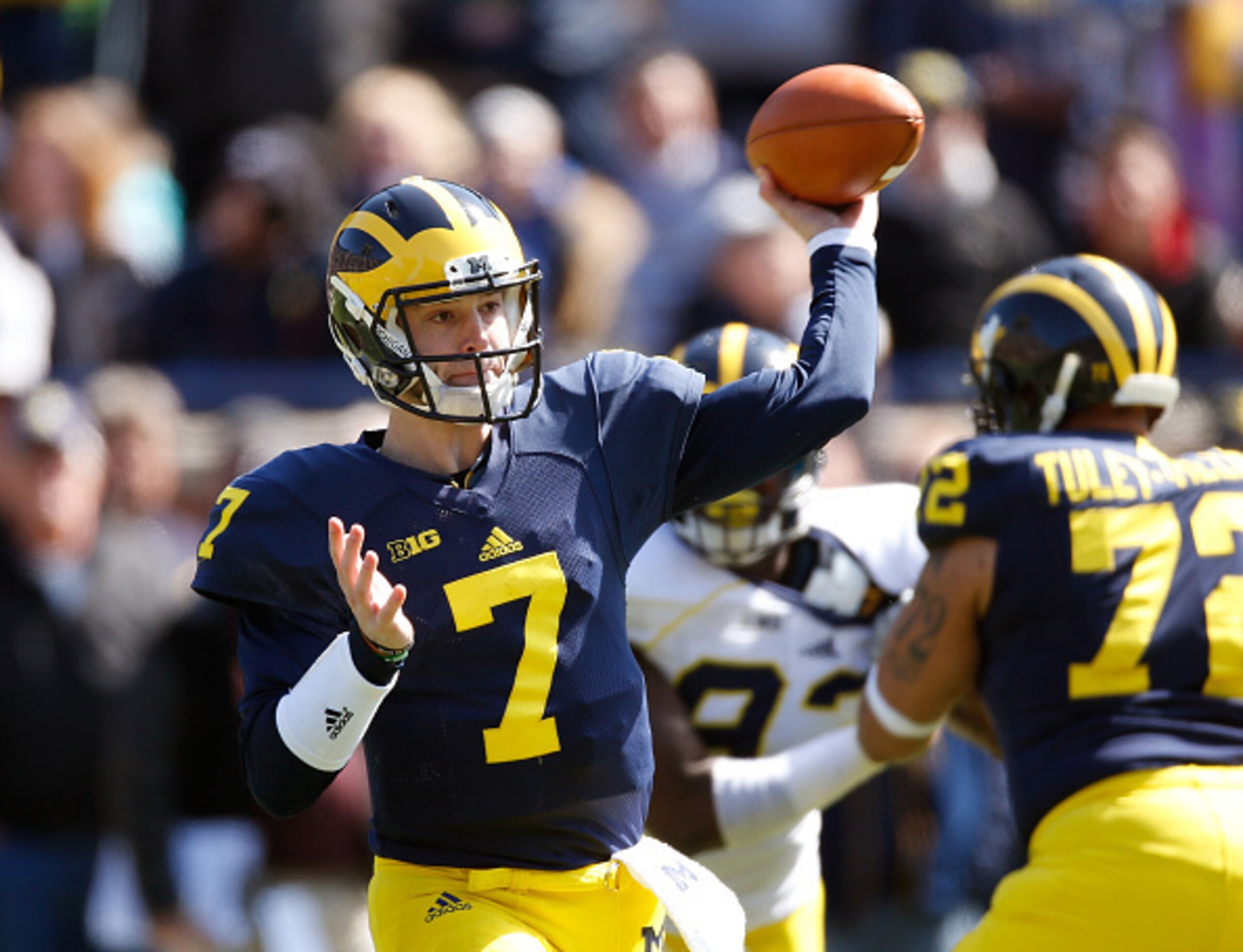 Shane Morris attempts a pass in Michigan's spring game.