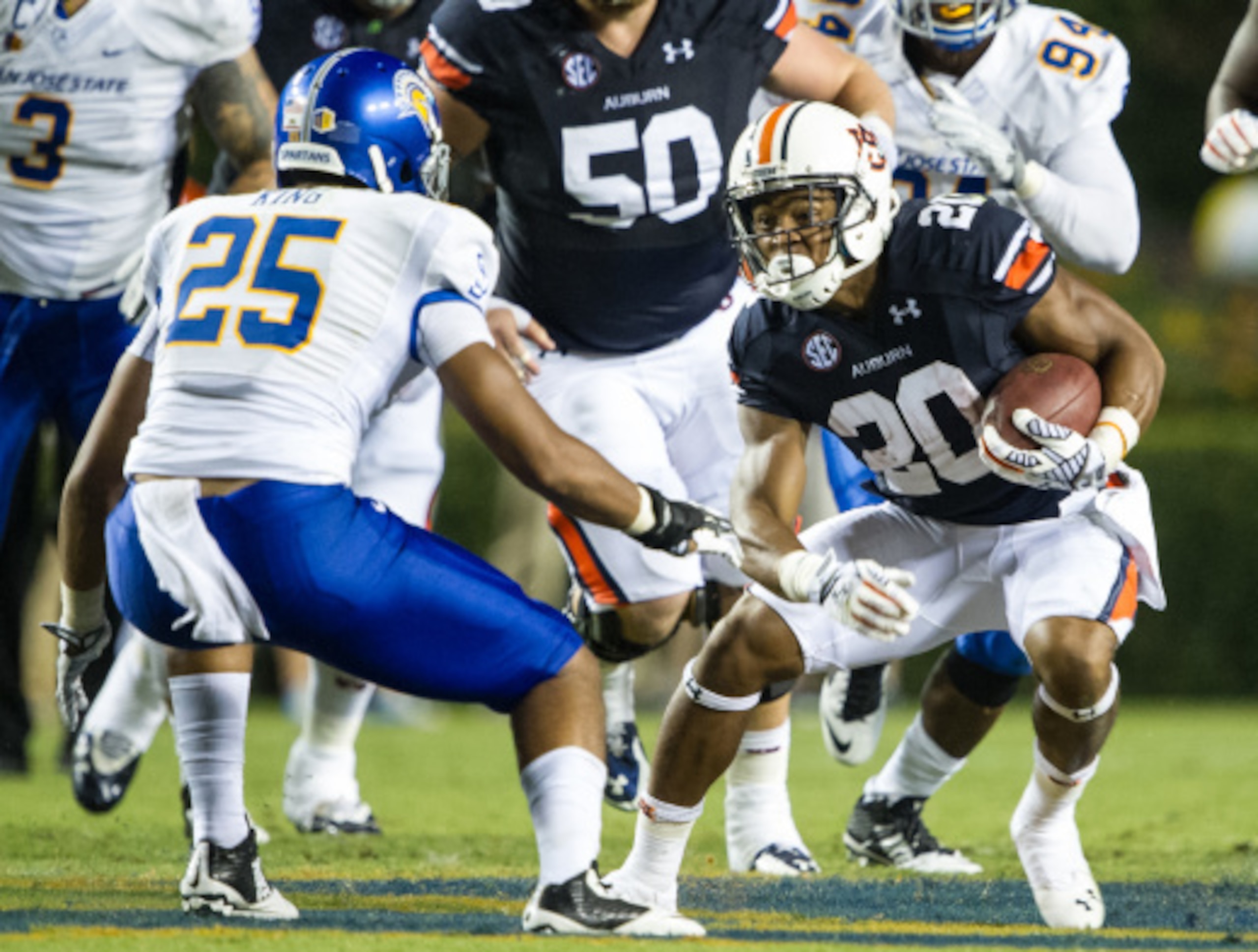 Akeem King breaks down to make a tackle vs. Auburn.