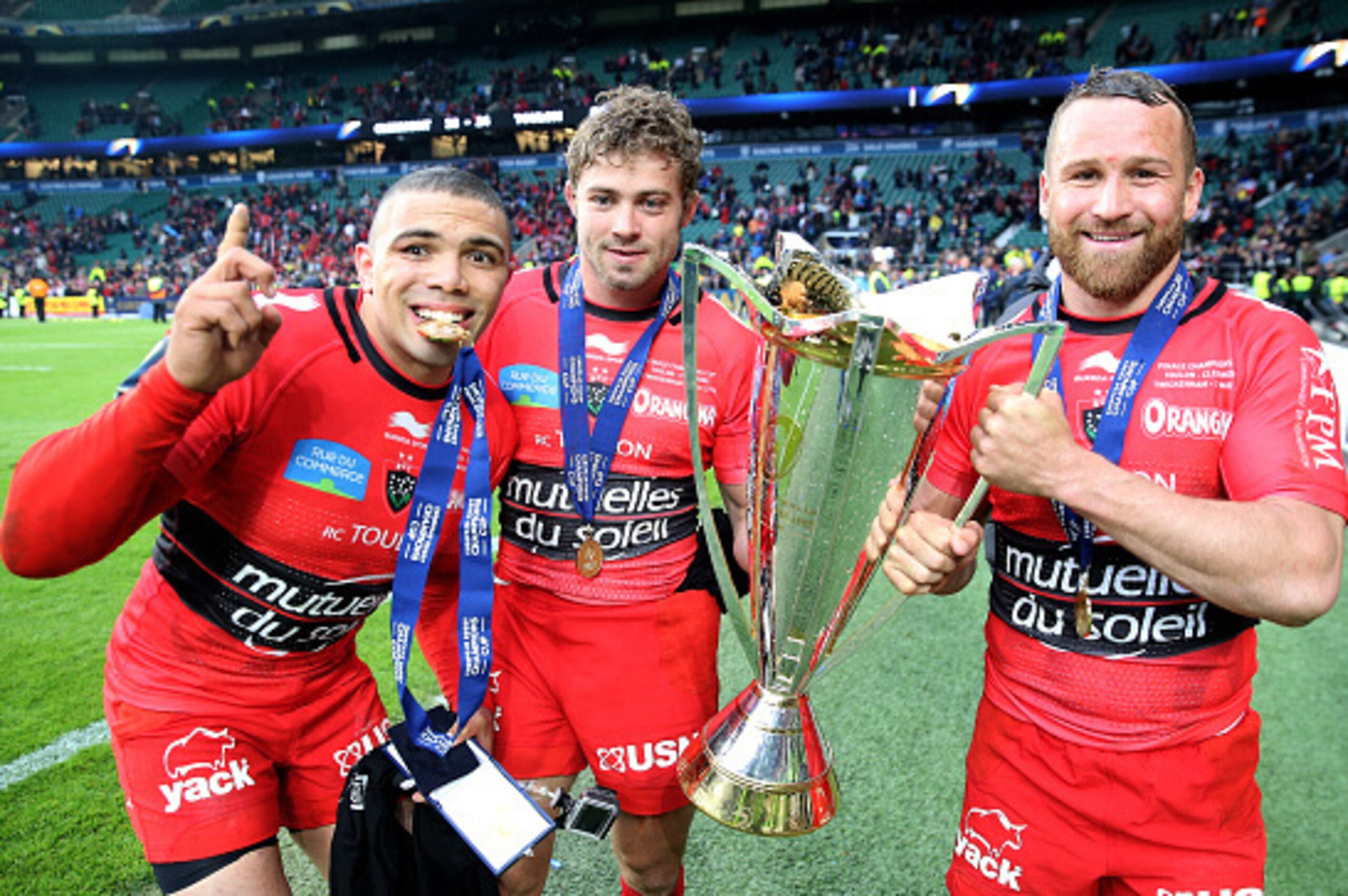 Toulon's Bryan Habana, Leigh Halfpenny and Matt Giteau with the Champions Cup trophy