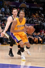 LOS ANGELES, CA - MARCH 19: Wesley Johnson #11 of the Los Angeles Lakers drives against the Utah Jazz on March 19, 2015 at STAPLES Center in Los Angeles, California. NOTE TO USER: User expressly acknowledges and agrees that, by downloading and/or using th