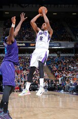 SACRAMENTO, CA - MARCH 20: Rudy Gay #8 of the Sacramento Kings shoots against the Charlotte Hornets on March 20, 2015 at Sleep Train Arena in Sacramento, California. NOTE TO USER: User expressly acknowledges and agrees that, by downloading and or using th