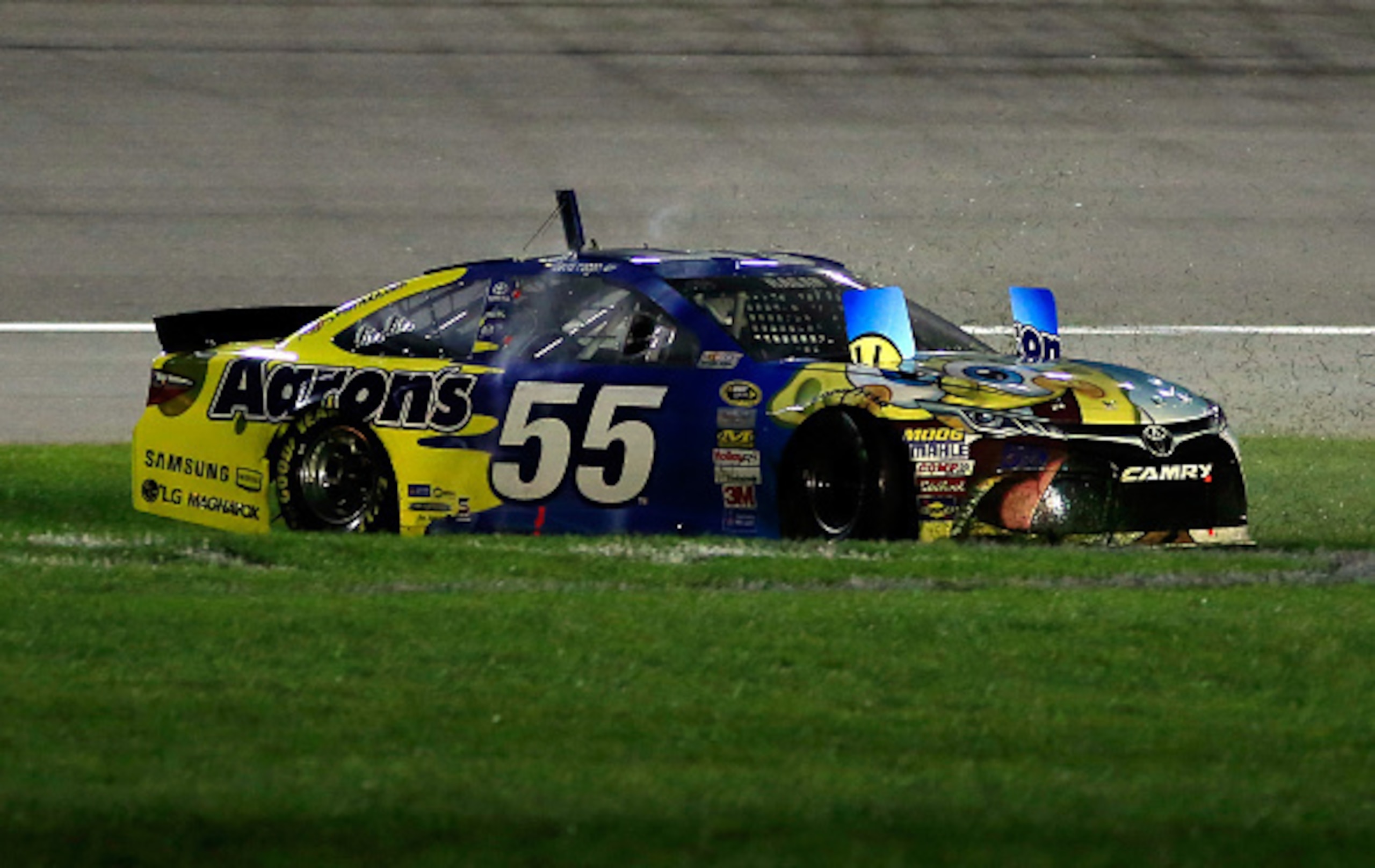 David Ragan spun out in his SpongeBob car at Kansas and ended up stuck in the mud on a giant SpongeBob race logo.