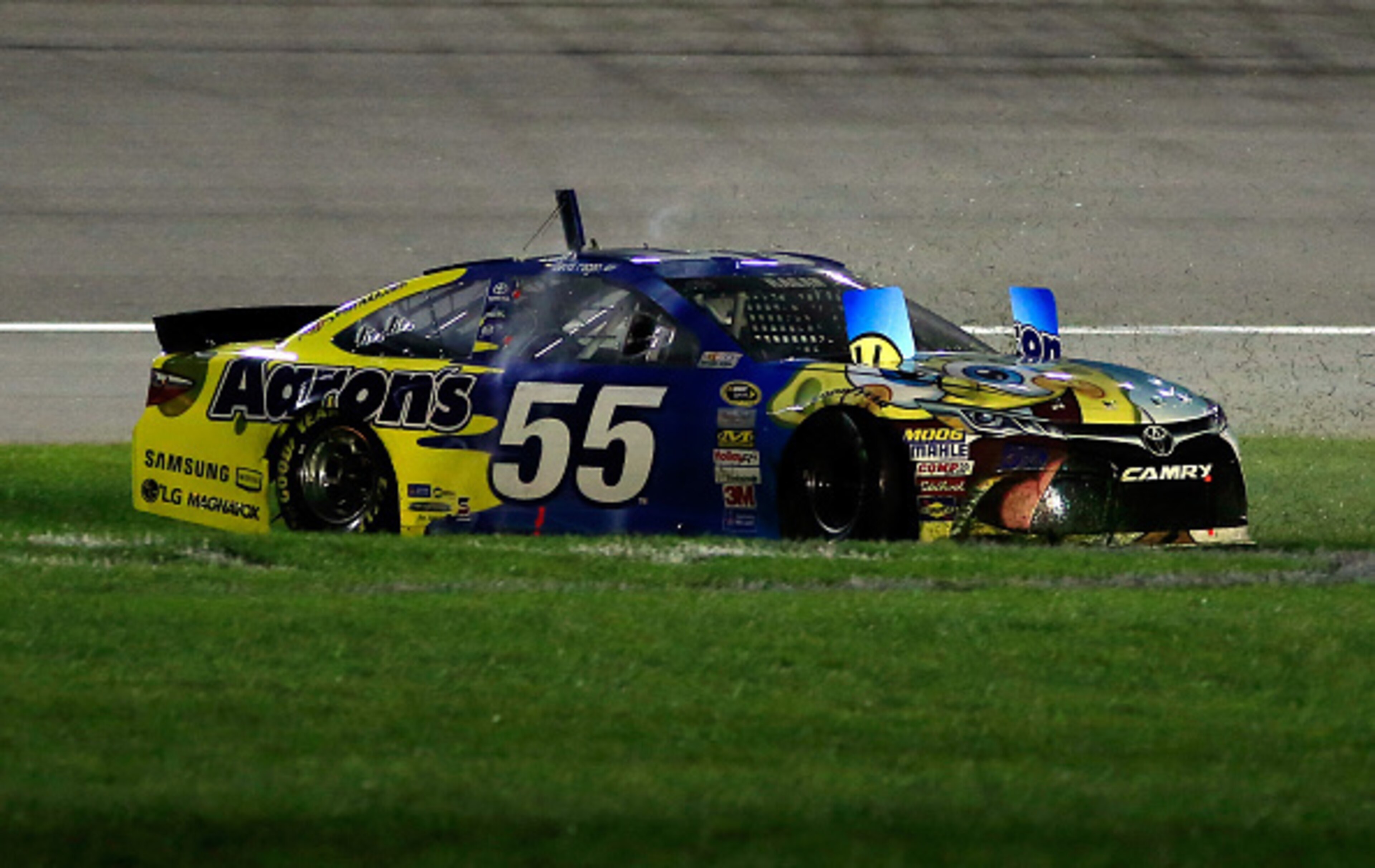 David Ragan spun out in his SpongeBob car at Kansas and ended up stuck in the mud on a giant SpongeBob race logo.