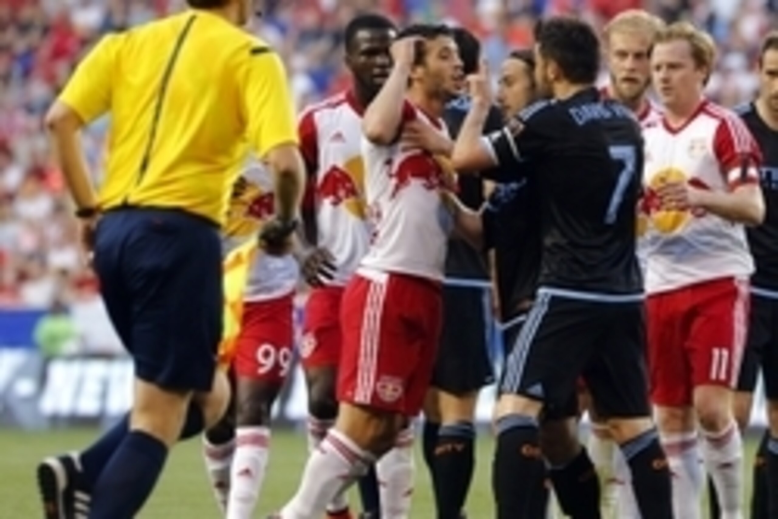 Players from NYCFC and the New York Red Bulls get into a heated disagreement early in the first installment of the Hudson River Derby.
