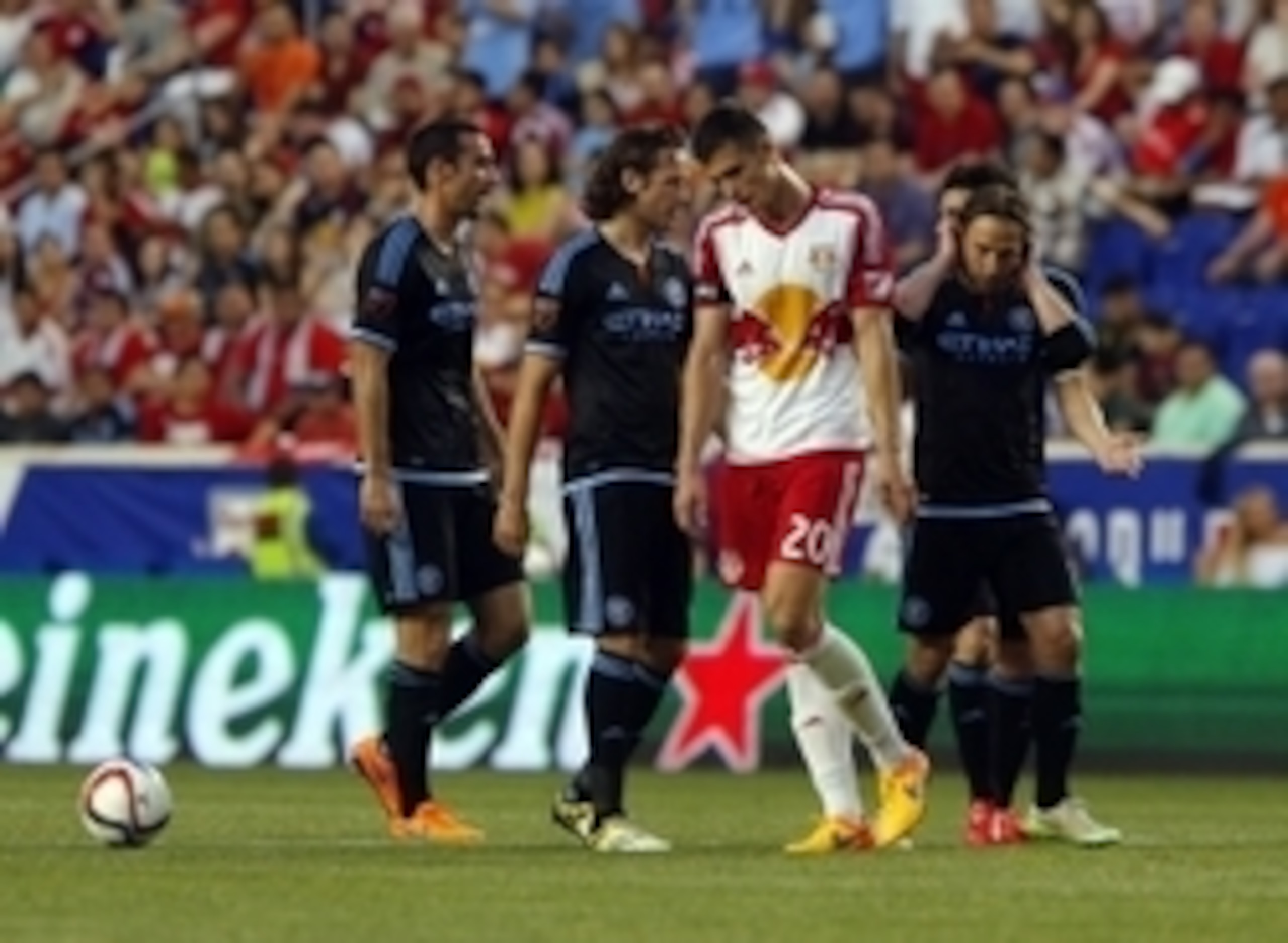 Matt Miazga walks off the pitch after receiving a second yellow card. NYCFC could not figure out how to capitalize on having the extra man.