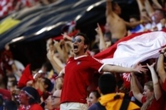 The Red Bulls' supporters section celebrates a Bradley Wright-Phillips goal.