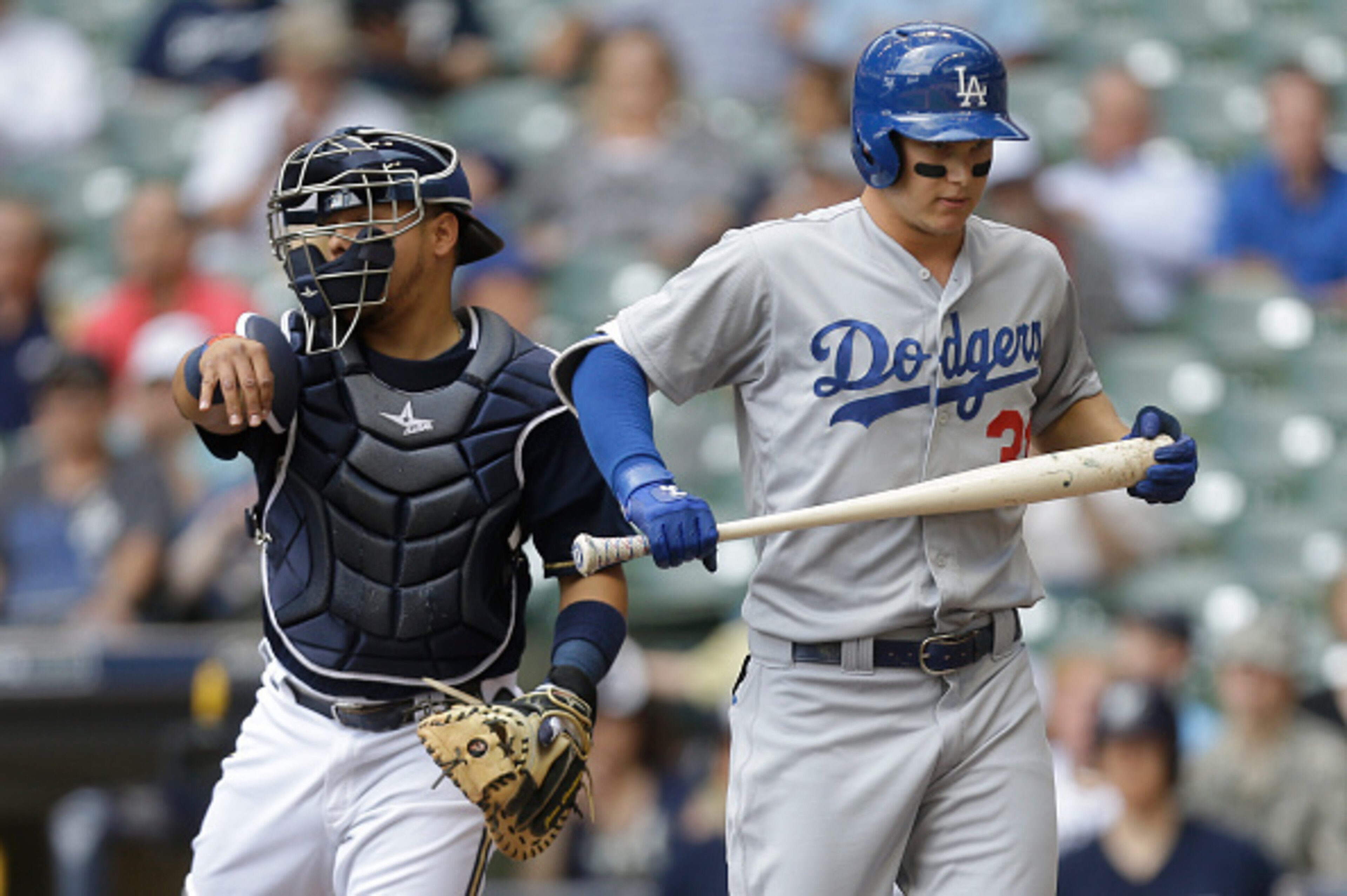 MILWAUKEE, WI - MAY 07: Joc Pederson #31 of the Los Angeles Dodgers walks to the dugout after striking out in the first inning against the Milwaukee Brewers at Miller Park on May 07, 2015 in Milwaukee, Wisconsin. (Photo by Mike McGinnis/Getty Images)