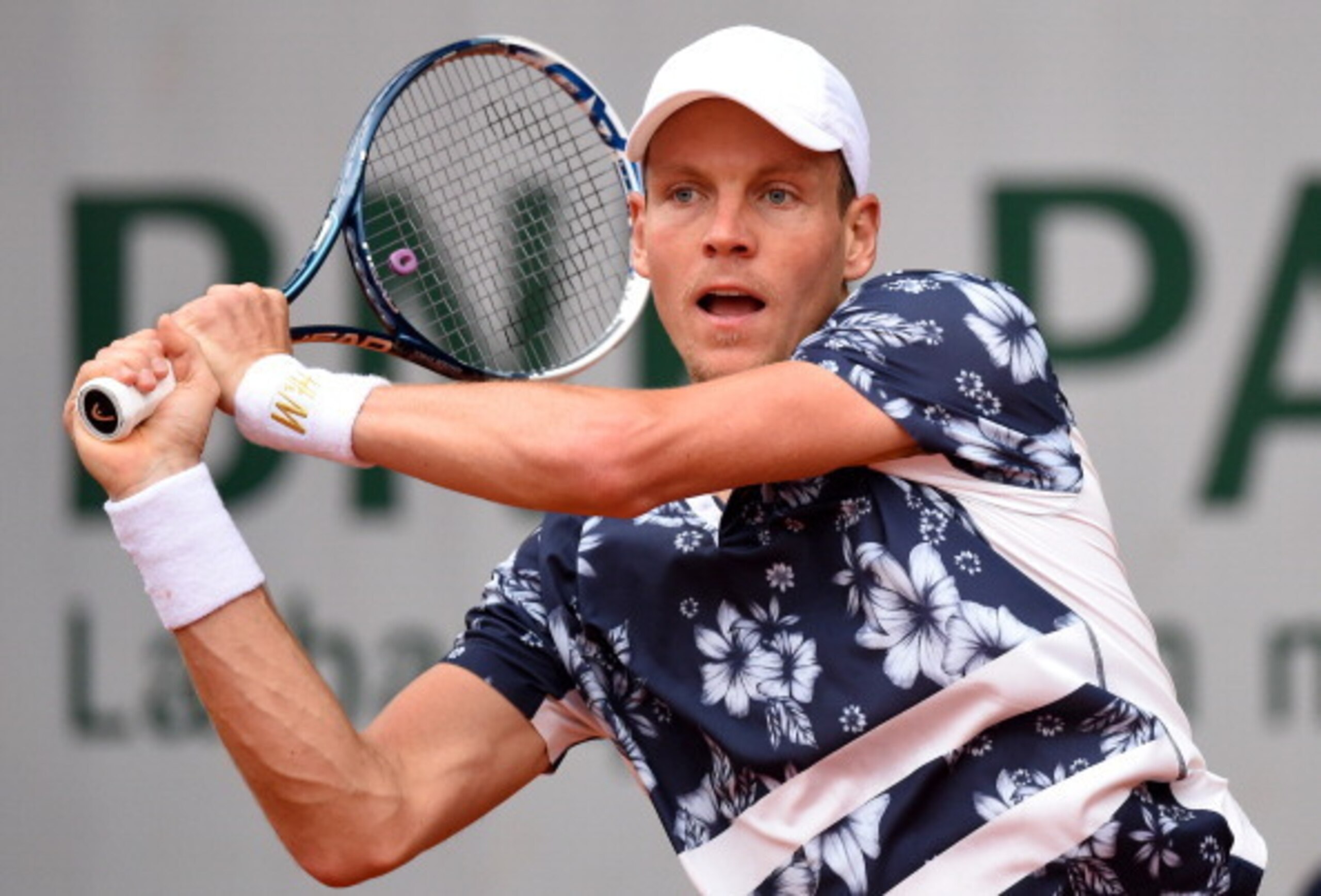 Tomas Berdych hits a backhand during a match at the 2014 French Open.