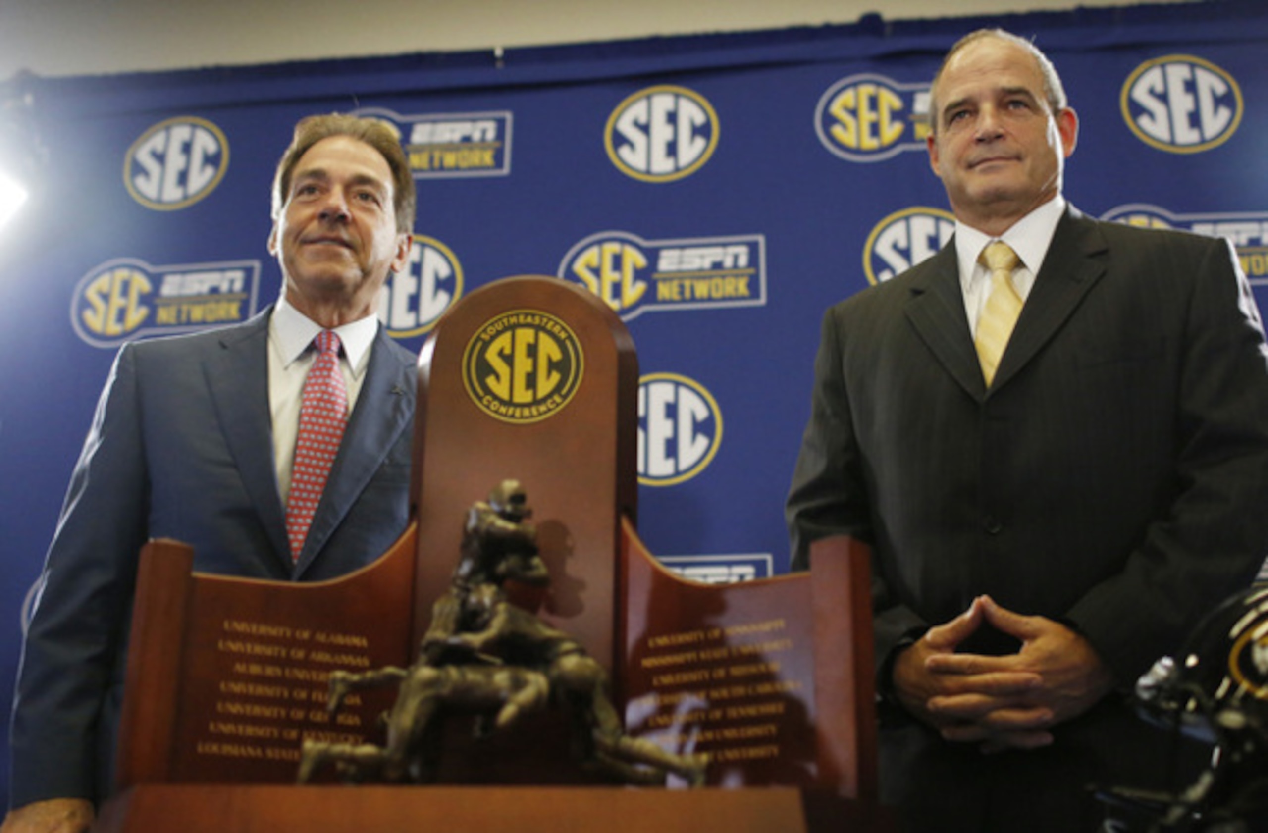 Missouri head coach Gary Pinkel with Nick Saban prior to the SEC title game.