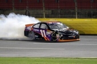 Denny Hamlin enjoyed doing a celebratory burnout in his No. 11 Joe Gibbs Racing Toyota after winning the All-Star Race.