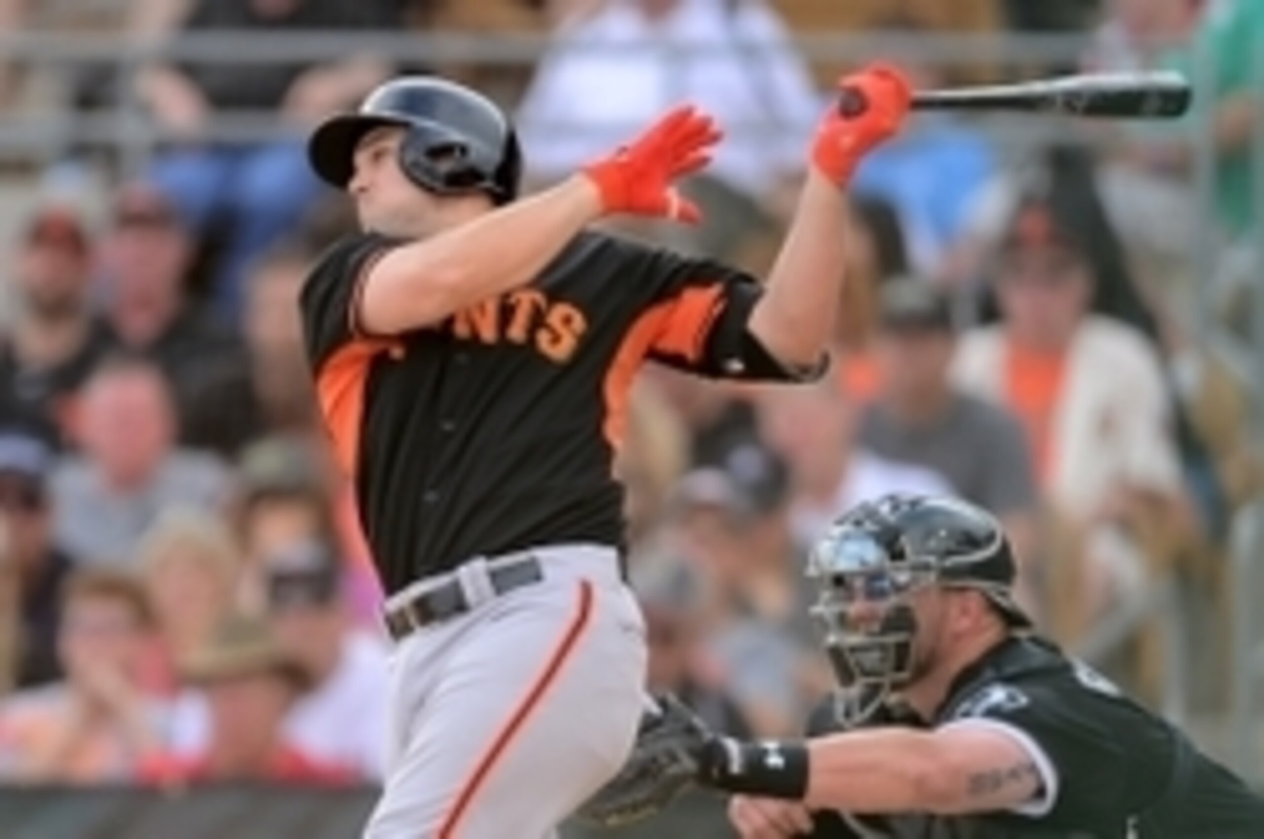 Mar 12, 2015; Phoenix, AZ, USA; San Francisco Giants first baseman Adam Duvall (37) bats against the Chicago White Sox at Camelback Ranch. Mandatory Credit: Joe Camporeale-USA TODAY Sports