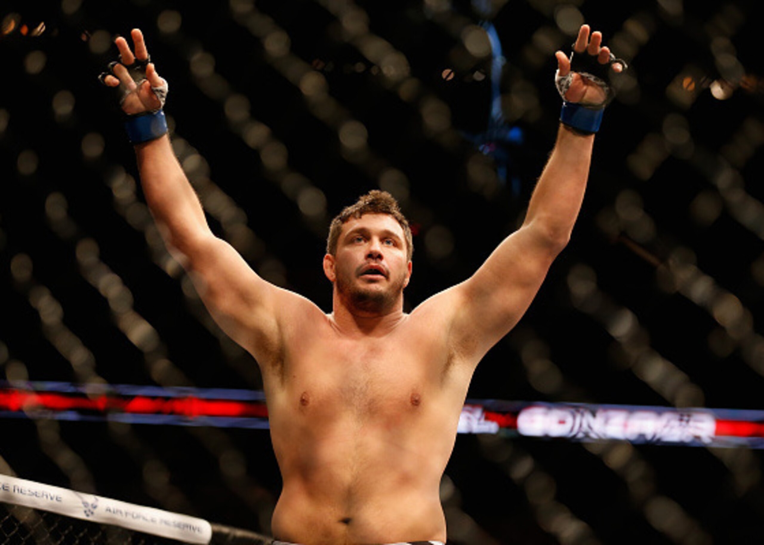 PHOENIX, AZ - DECEMBER 13:  Matt Mitrione celebrates his tko victory over Gabriel Gonzaga (not pictured) in their heavyweight bout during the UFC Fight Night event at the at U.S. Airways Center on December 13, 2014 in Phoenix, Arizona.  (Photo by Christia