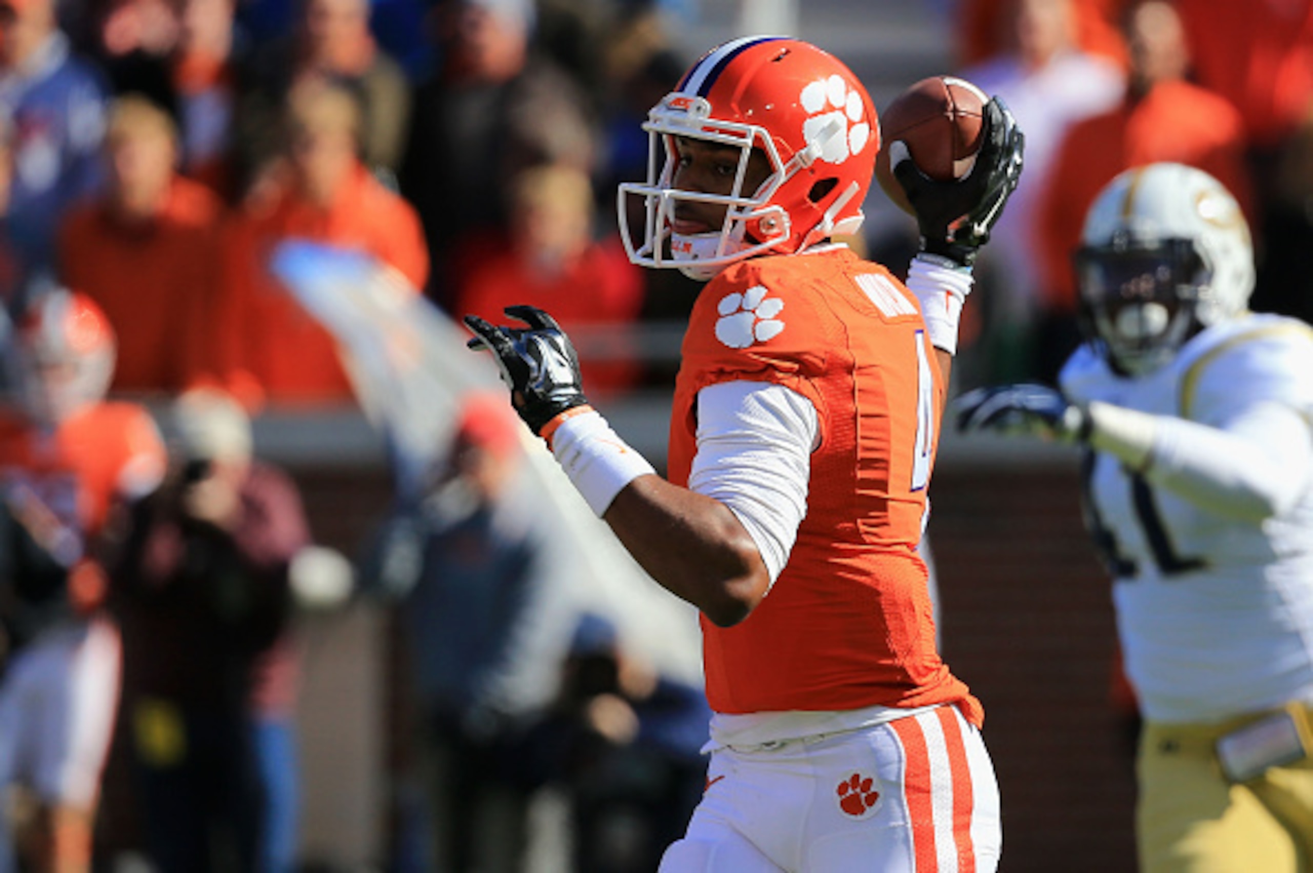 ATLANTA, GA - NOVEMBER 15: Deshaun Watson #4 of the Clemson Tigers throws a pass in the first half against the Georgia Tech Yellow Jackets at Bobby Dodd Stadium on November 15, 2014 in Atlanta, Georgia.  (Photo by Daniel Shirey/Getty Images)