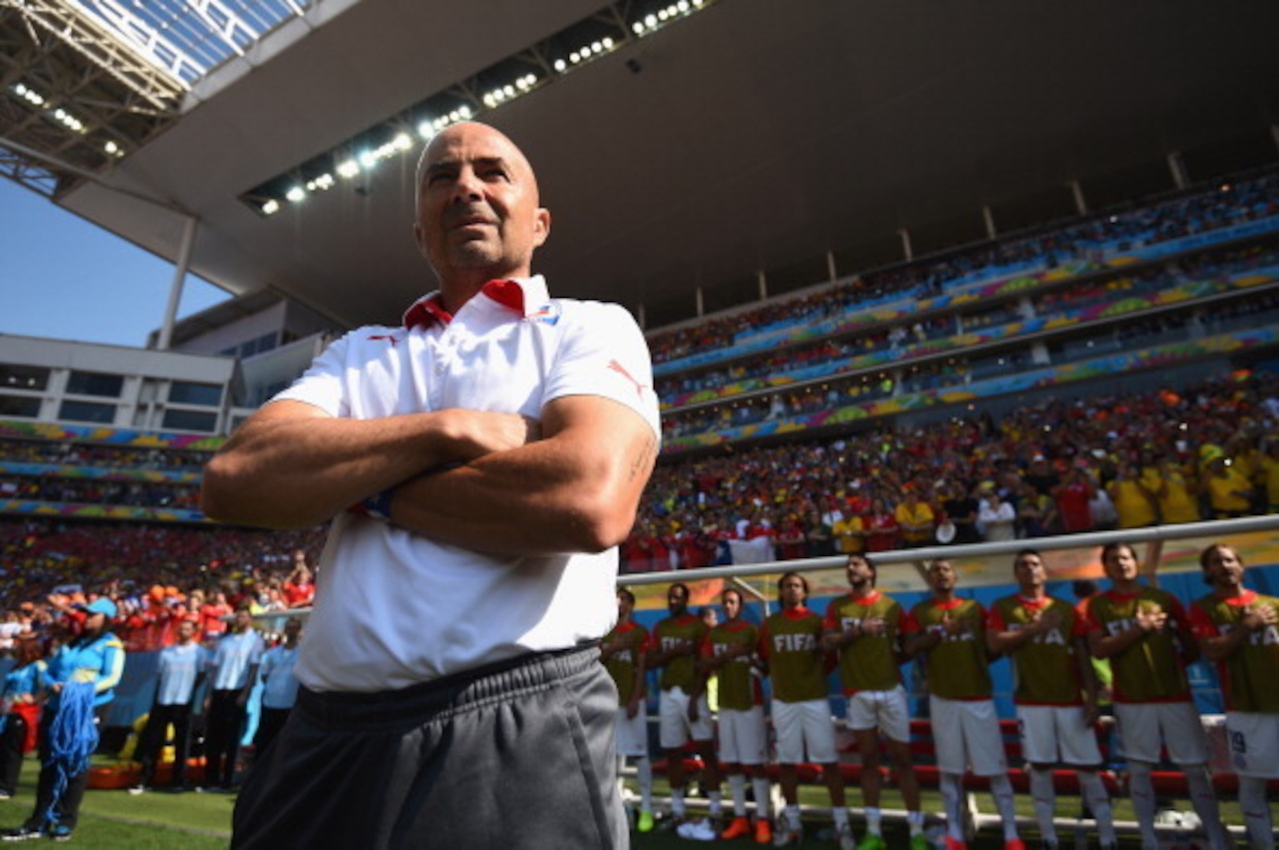 SAO PAULO, BRAZIL - JUNE 23:  Head coach Jorge Sampaoli of Chile looks on during the 2014 FIFA World Cup Brazil Group B match between the Netherlands and Chile at Arena de Sao Paulo on June 23, 2014 in Sao Paulo, Brazil.  (Photo by Matthias Hangst/Getty I