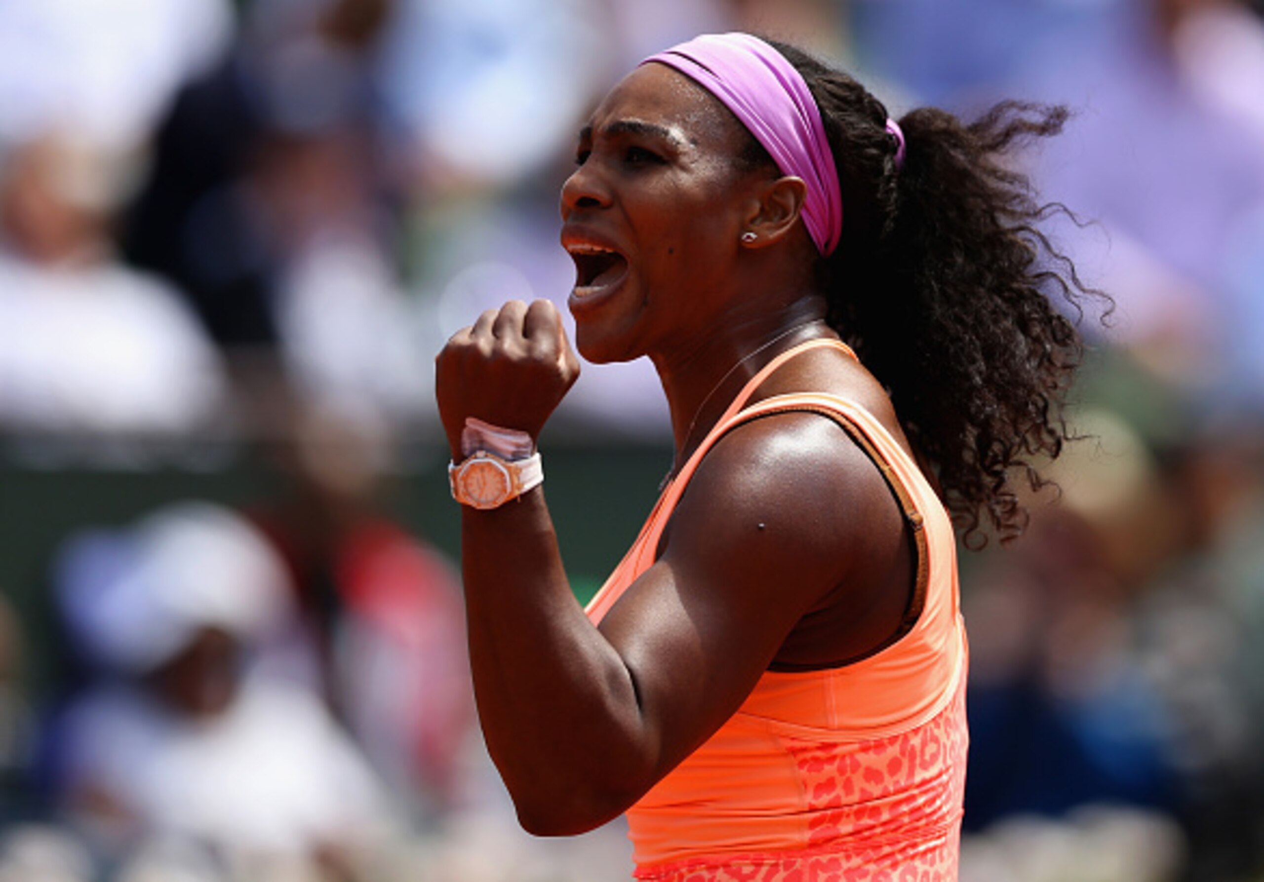 Serena Williams reacts to winning her semifinal match at the 2015 French Open. Serena Williams reacts to winning her semifinal match at the 2015 French Open.