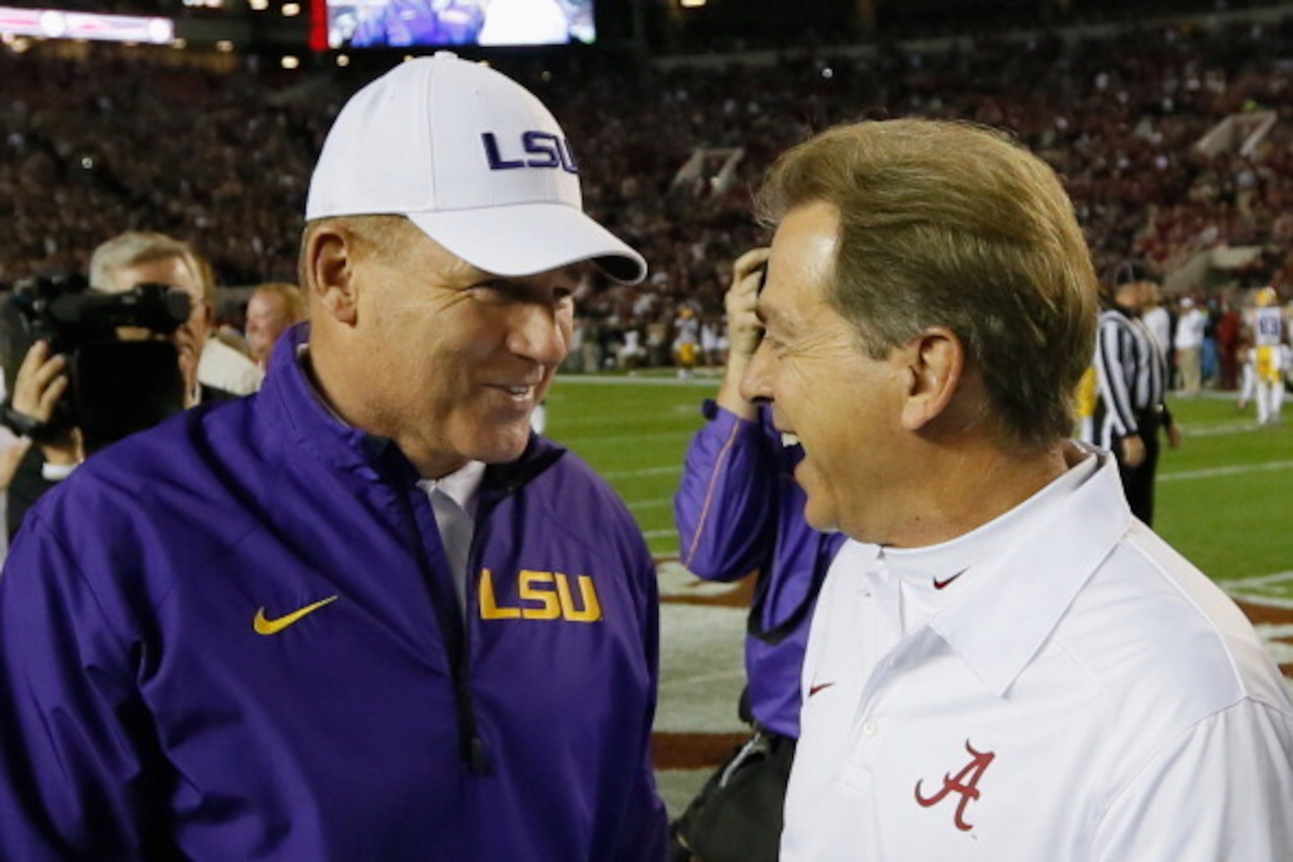 LSU head coach Les Miles (left) and Alabama head coach Nick Saban (right) LSU head coach Les Miles (left) and Alabama head coach Nick Saban (right)