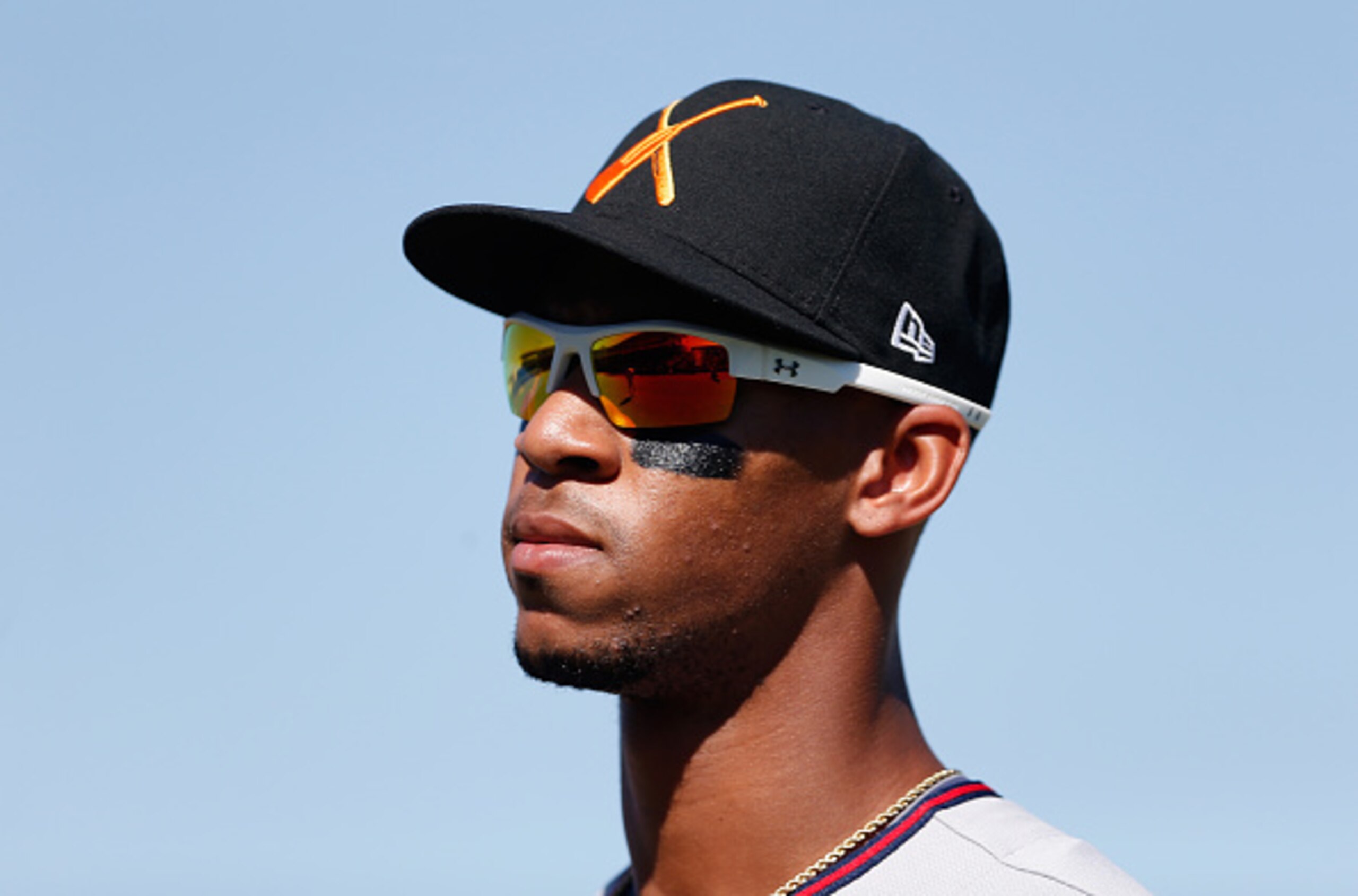 SURPRISE, AZ - OCTOBER 20:  Byron Buxton #2 (Minnesota Twins) of the Salt River Rafters warms up during the Arizona Fall League game against the Peoria Javelinas at Surprise Stadium on October 20, 2014 in Surprise, Arizona.  (Photo by Christian Petersen/G