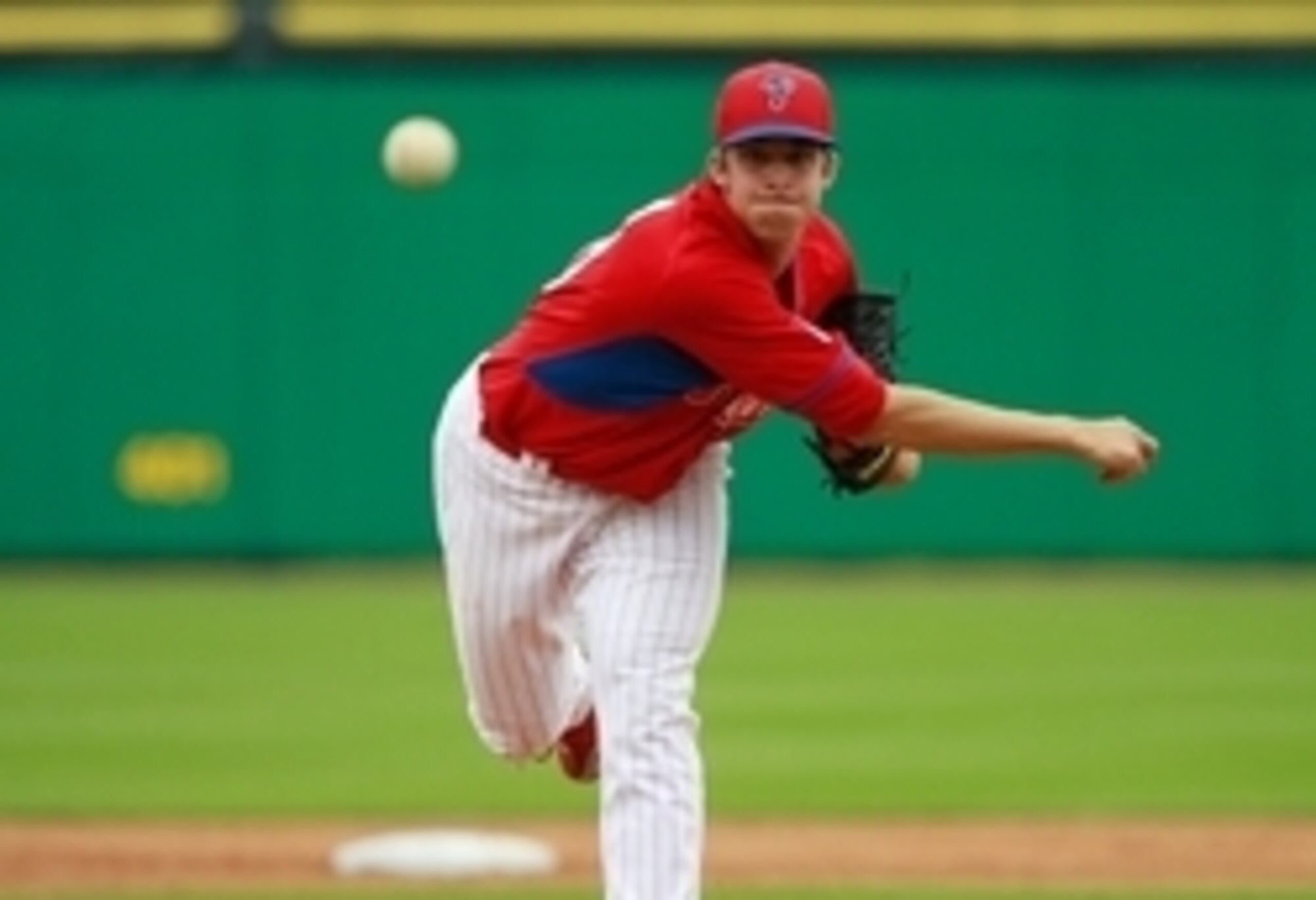 Mar 27, 2015; Clearwater, FL, USA; Philadelphia Phillies pitcher Aaron Nola (10) throws a warm up pitch during the second inning against the New York Yankees  at Bright House Field. Mandatory Credit: Kim Klement-USA TODAY Sports
