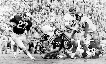 Dan Dierdorf (No. 72) was part of Michigan's best O-line, per Michael Keller.