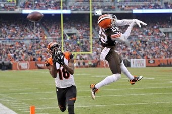 Buster Skrine (22, right) may be smaller than some wide receivers like A.J. Green (18, left), but he can still make plays on those receivers.