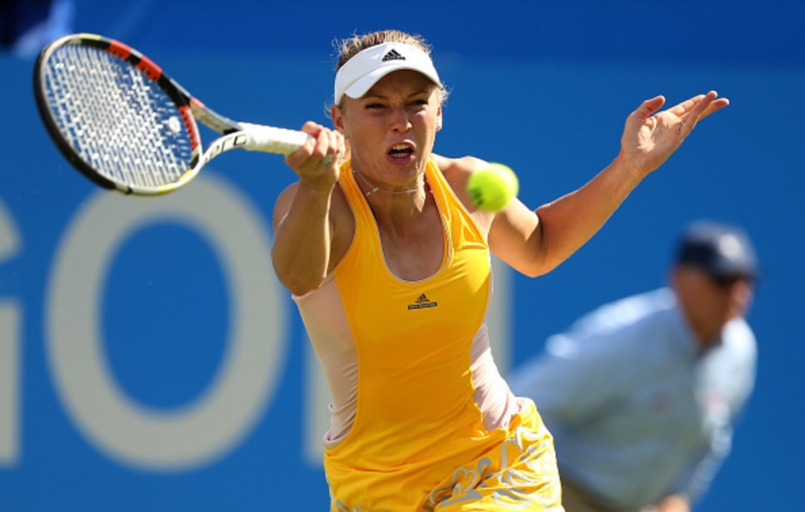 Caroline Wozniacki hits a forehand during the Aegon International tournament in Eastbourne.