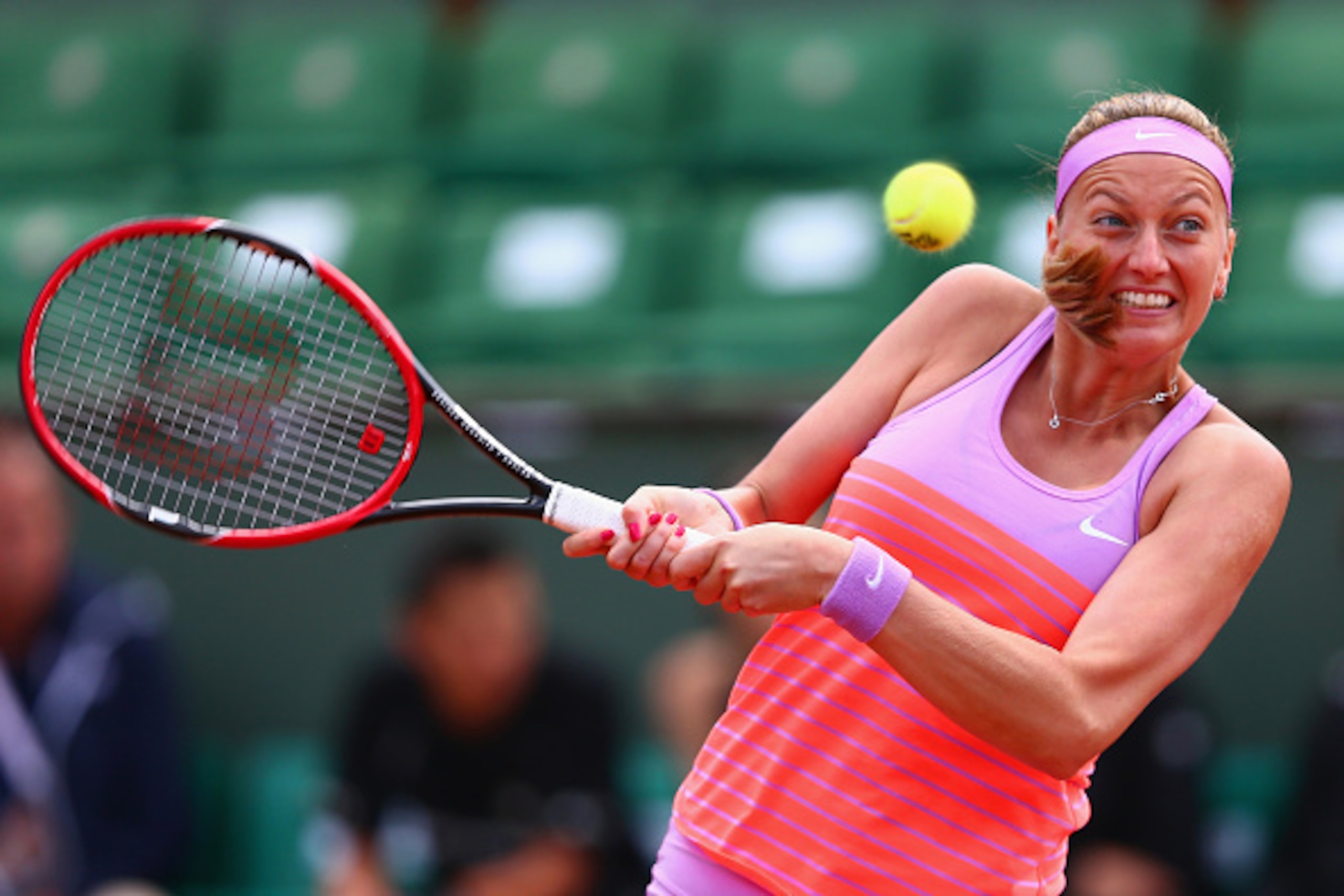 Petra Kvitova hits a backhand during the 2015 French Open.