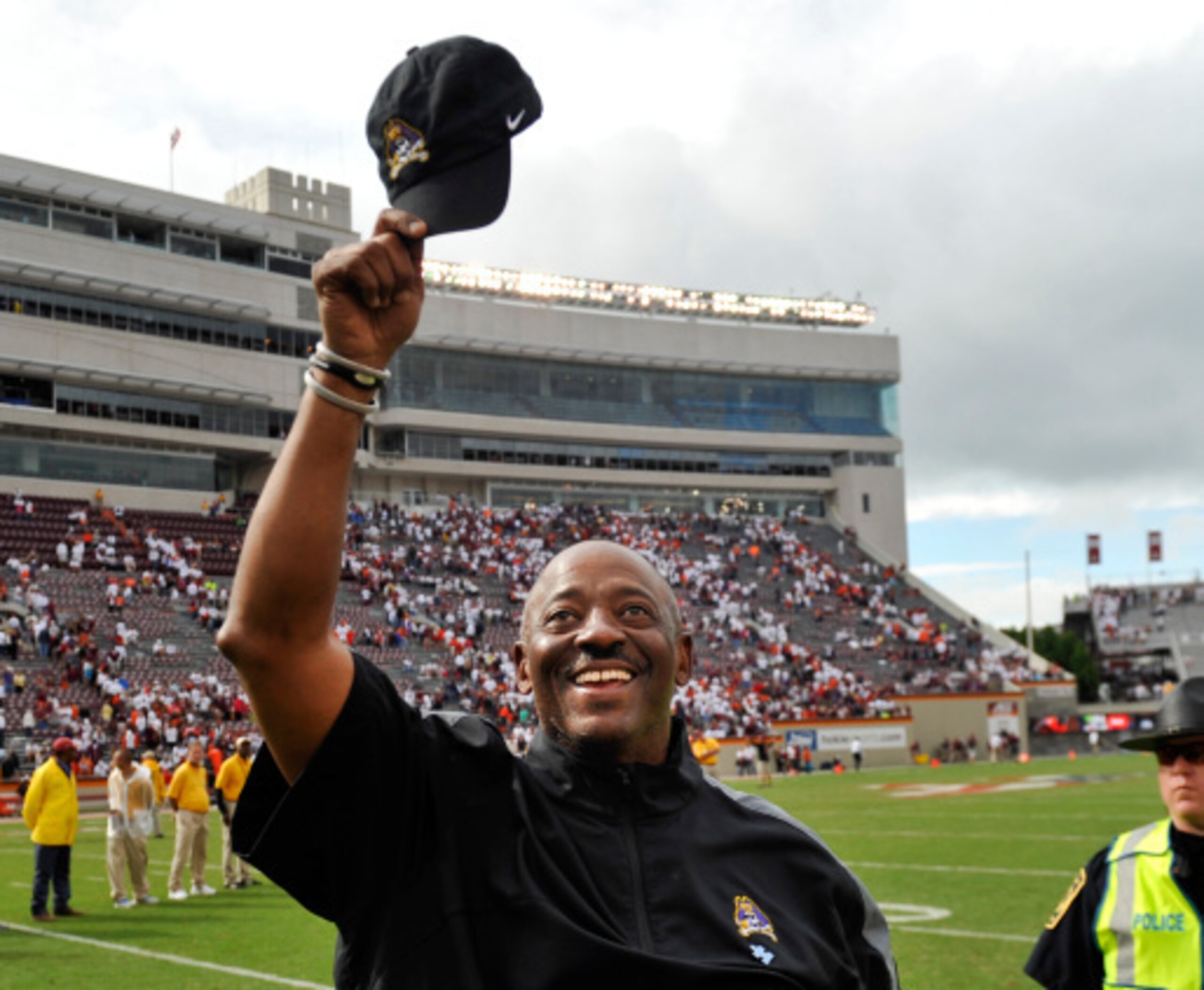 ECU coach Ruffin McNeill celebrates last season's upset win over the Hokies.