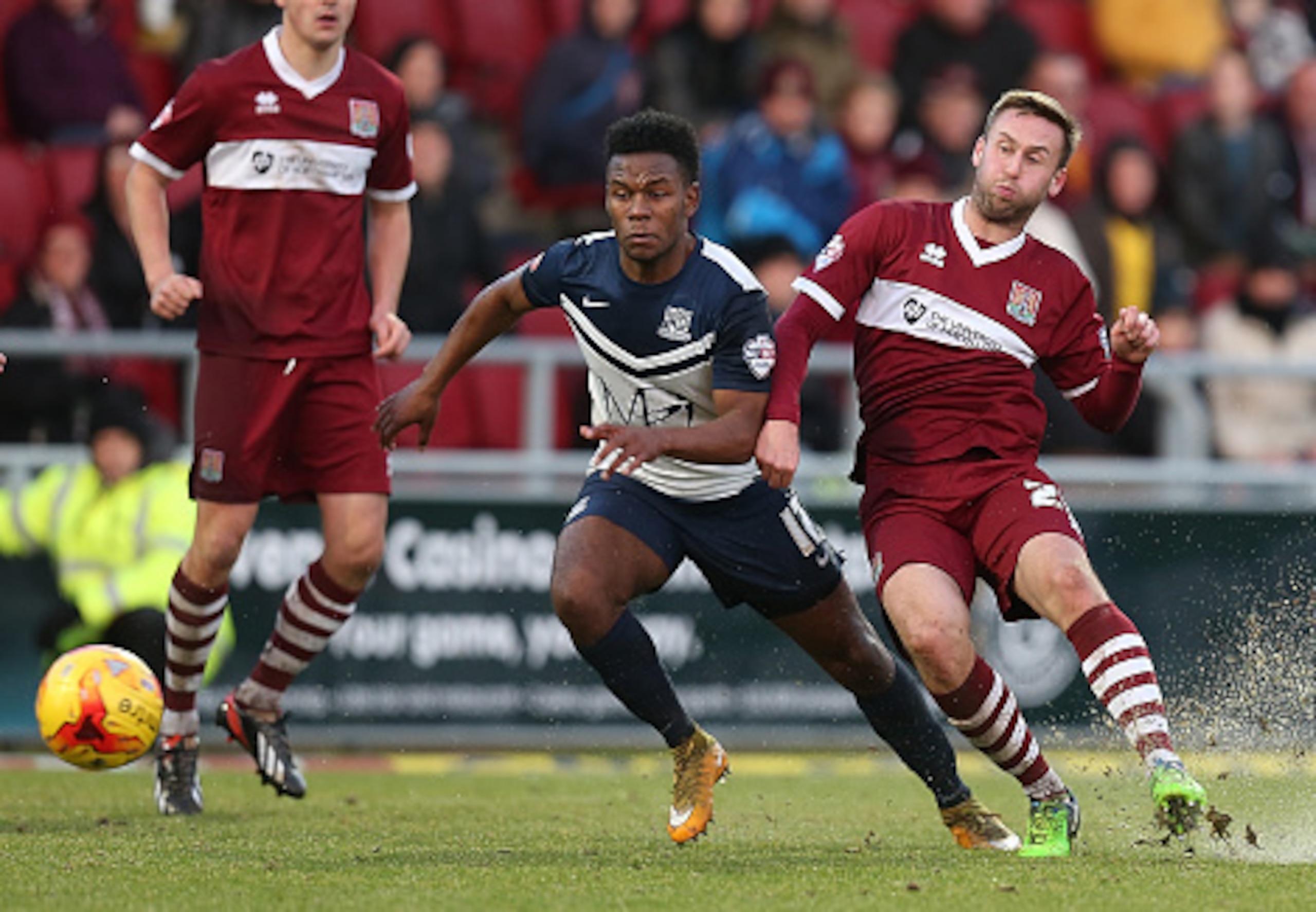 Shaquile Coulthirst in action for Southend United against Northampton Town last season. The striker scored in a 1-1 draw at the Sixfields Stadium.