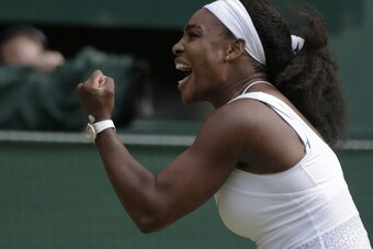 Serena Williams celebrates her win over Victoria Azarenka in the Wimbledon quarterfinals.