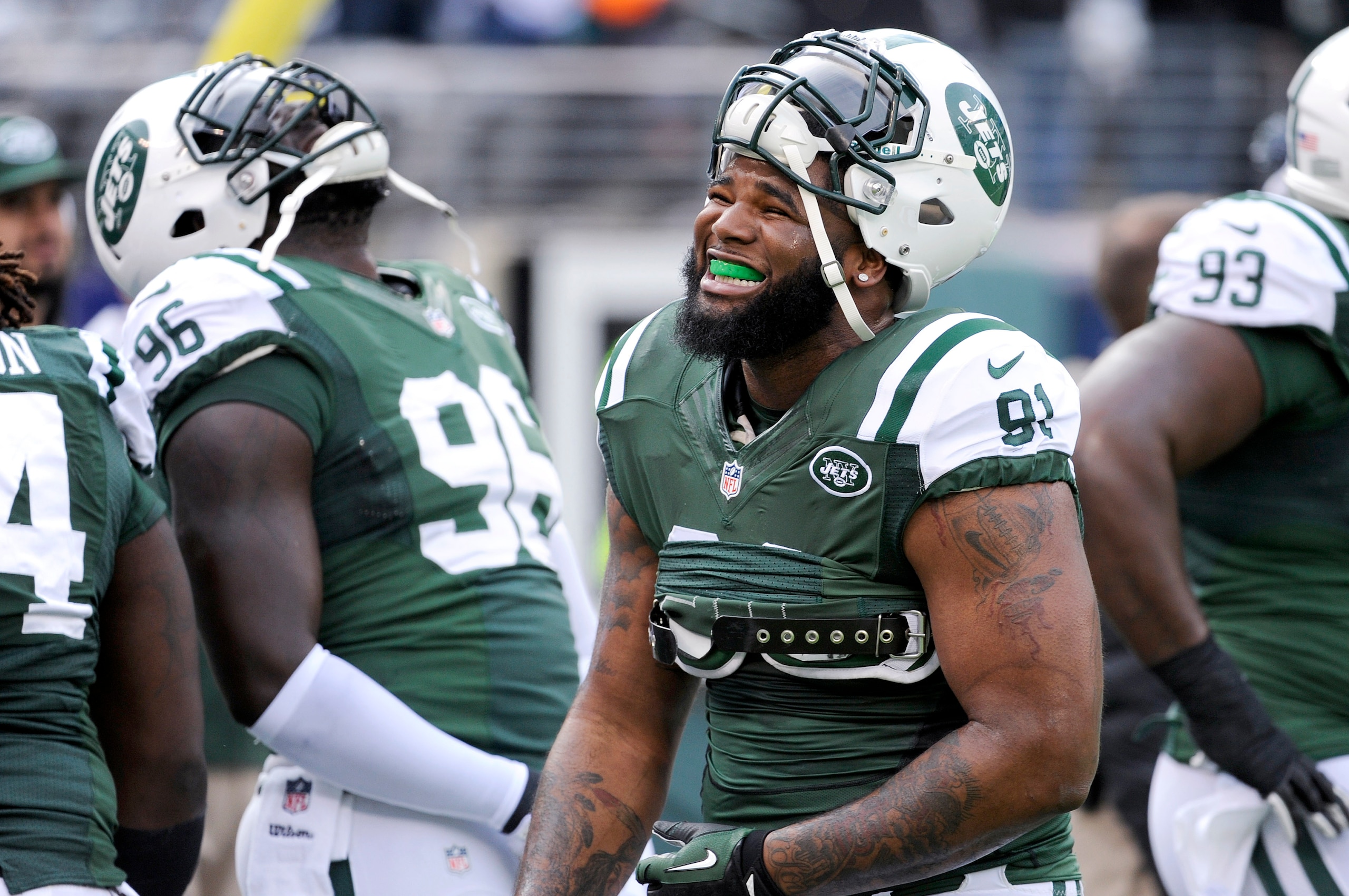 Muhammad Wilkerson (96, left) and Sheldon Richardson (91, right) anchor the Jets defensive line on the ends.