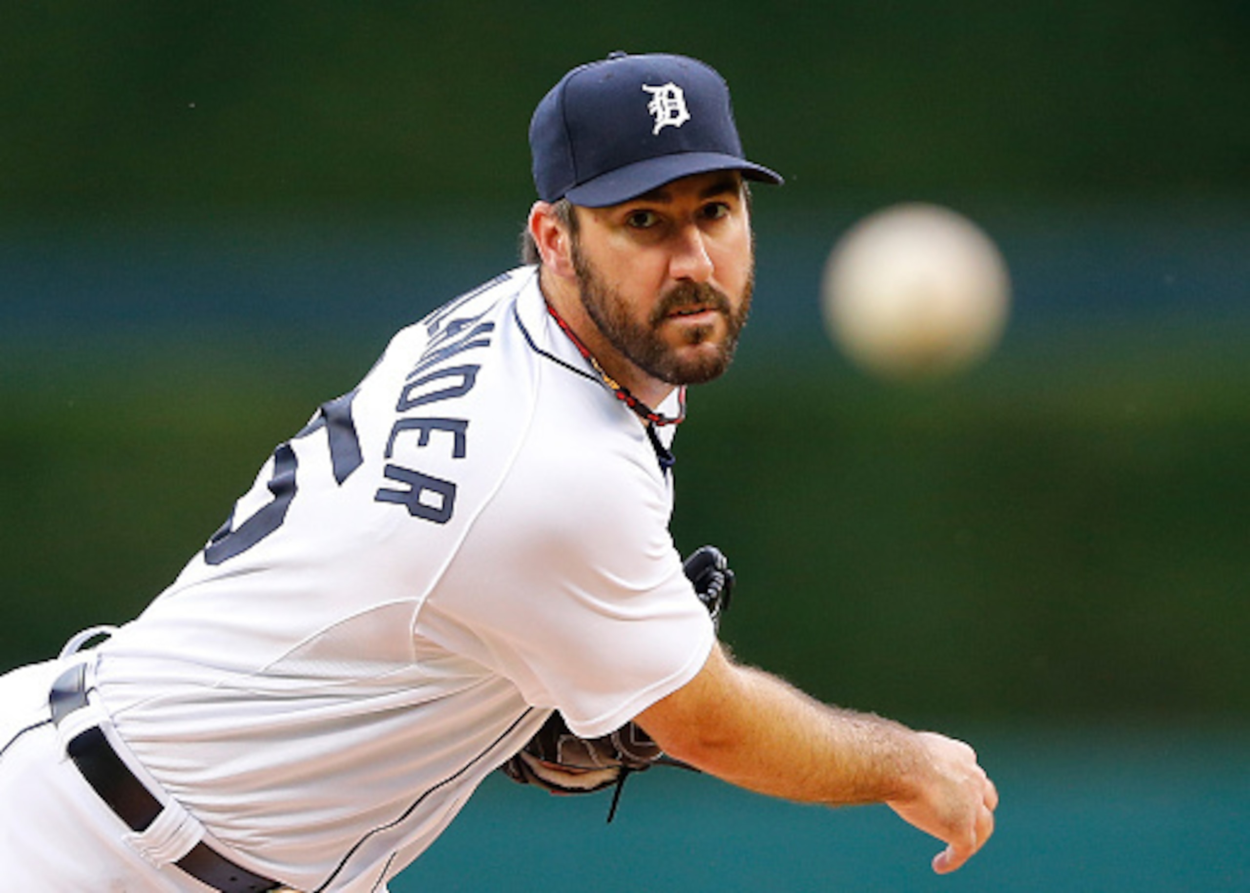 DETROIT, MI - JUNE 30: Justin Verlander #35 of the Detroit Tigers warms up prior to the start of the game against the Pittsburgh Pirates on June 30, 2015 at Comerica Park in Detroit, Michigan. (Photo by Leon Halip/Getty Images)