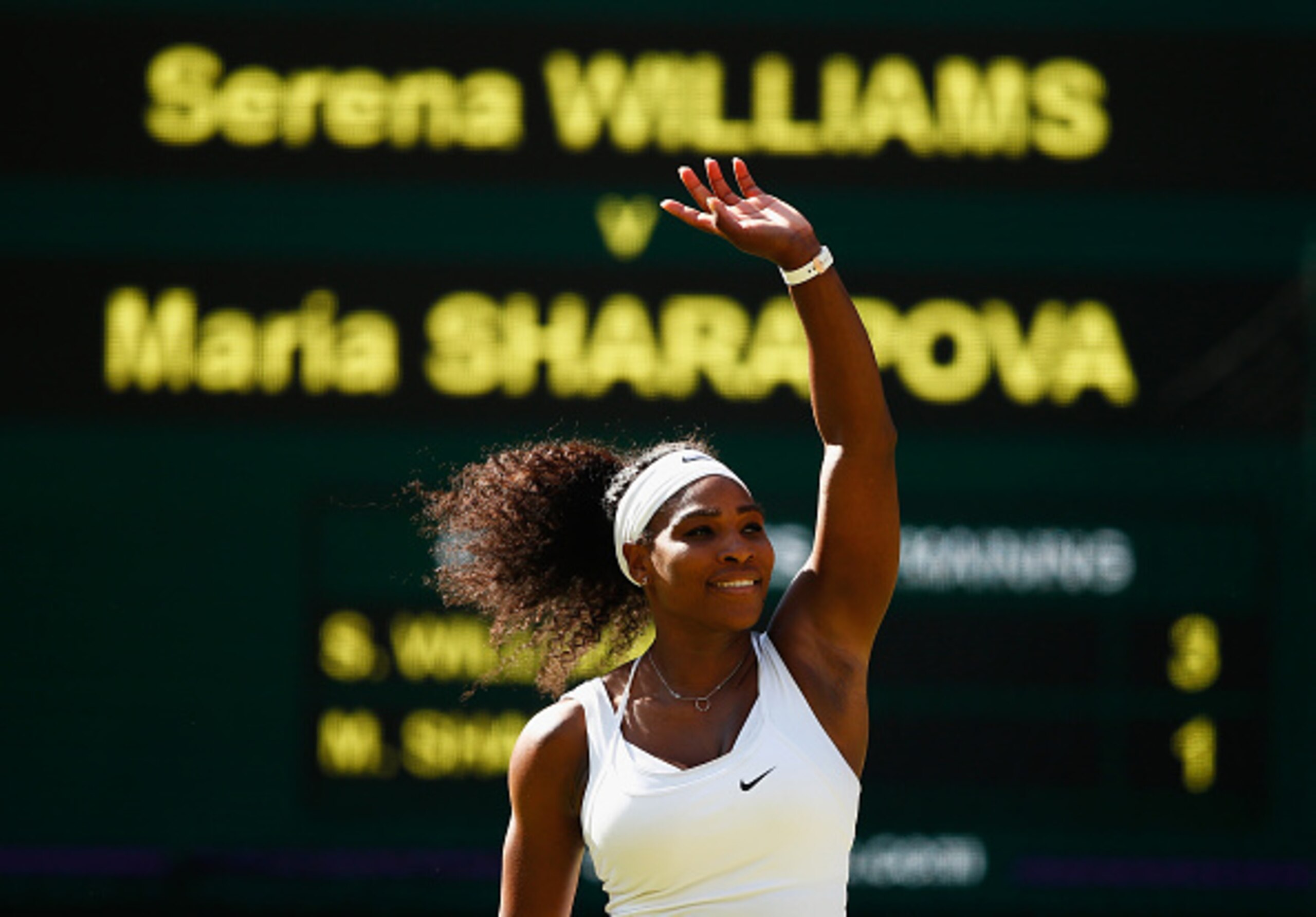 Serena Williams waves to the Centre Court crowd after defeating Maria Sharapova in the semifinals at Wimbledon. Serena Williams waves to the Centre Court crowd after defeating Maria Sharapova in the semifinals at Wimbledon.