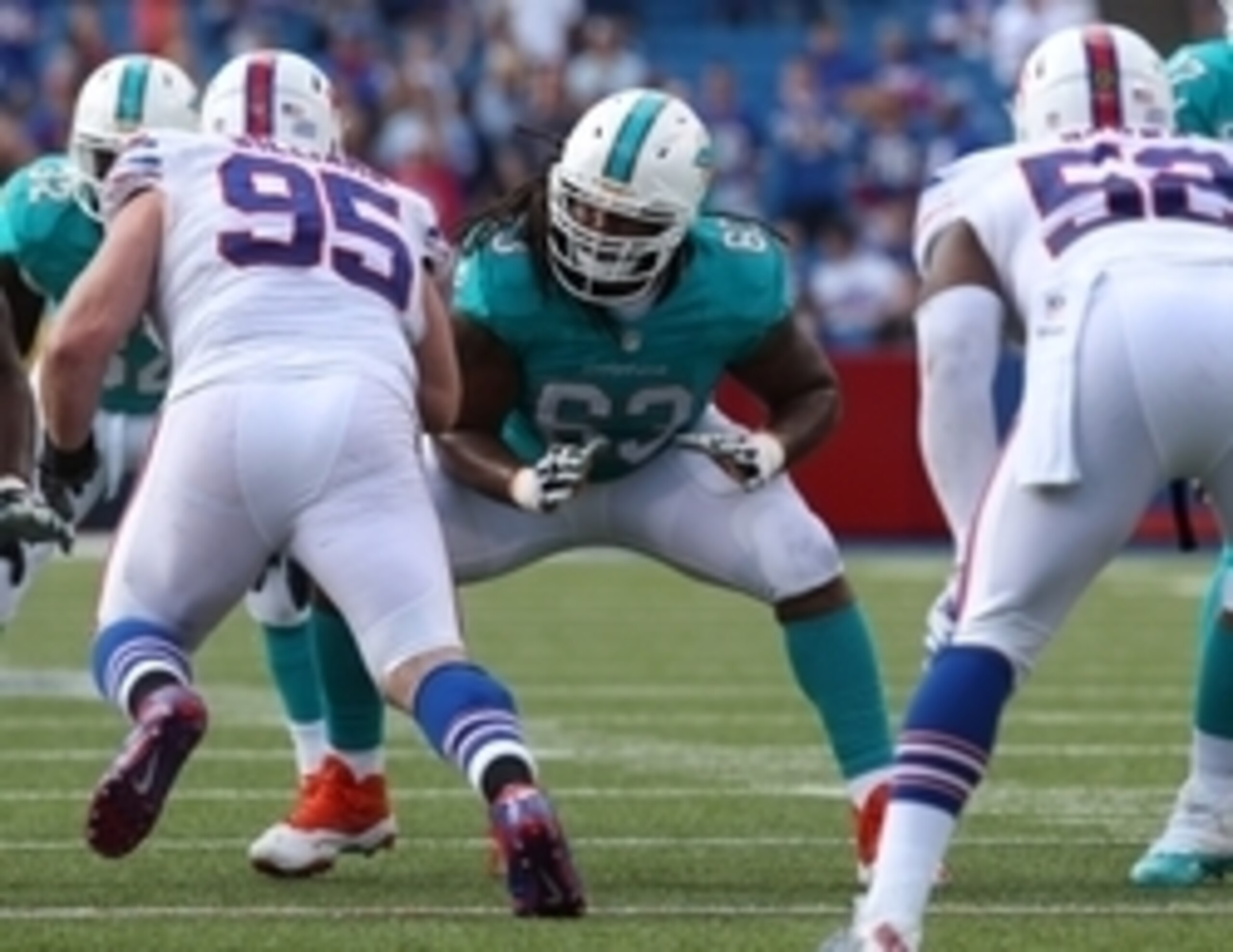 Dallas Thomas (63, middle) is in a make-or-break year and may need to prove he is capable of being a starter if he wants to keep his job.