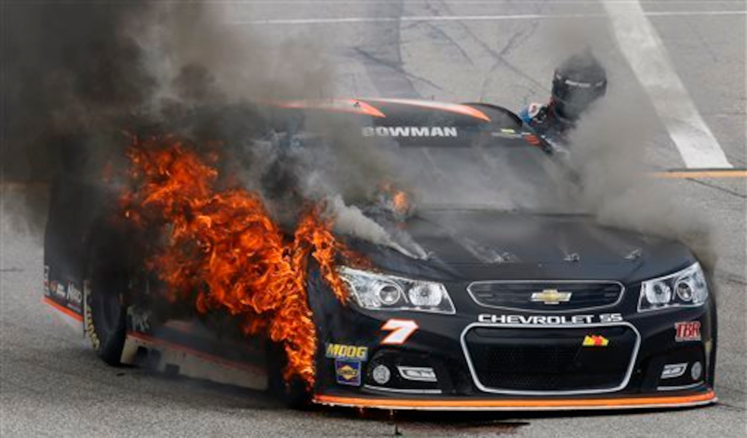 Alex Bowman (left) had his day shortened by a fire. Alex Bowman (left) had his day shortened by a fire.